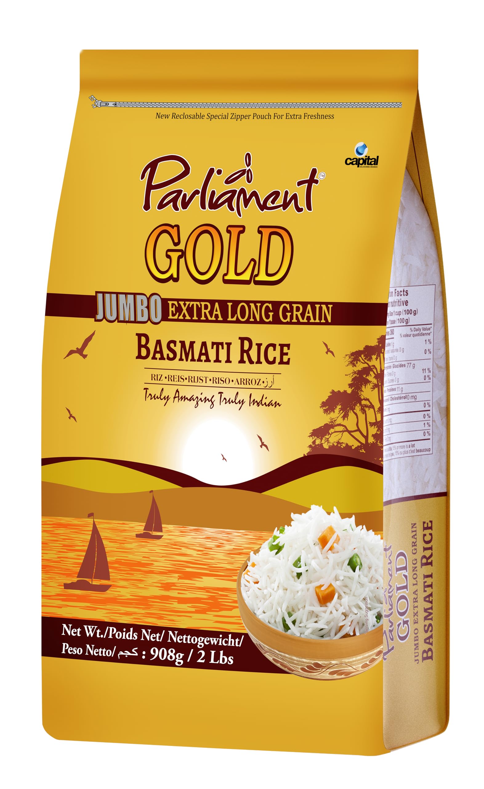 Parliament Gold Jumbo Extra Long Basmati Rice Beyond 8mm Indian Risotto All Natural Vegan Gluten Friendly NON-GMO Aged Perfection Luxurious Taste Product of India 2Lbs