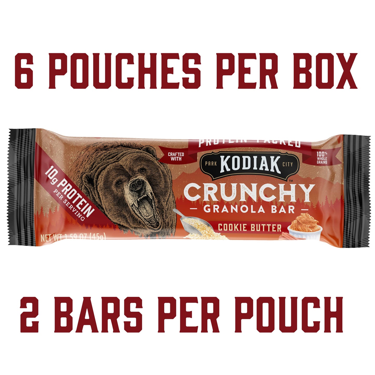 Kodiak Cakes Crunchy Granola Snack Bars, Cookie Butter, High Protein, 100% Whole Grains, 1 box with 6 pouches (12 bars)