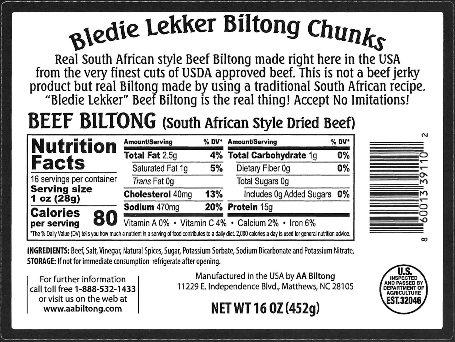 Bledie Lekker® Biltong Chunks One Pound Resealable Bag - 16oz