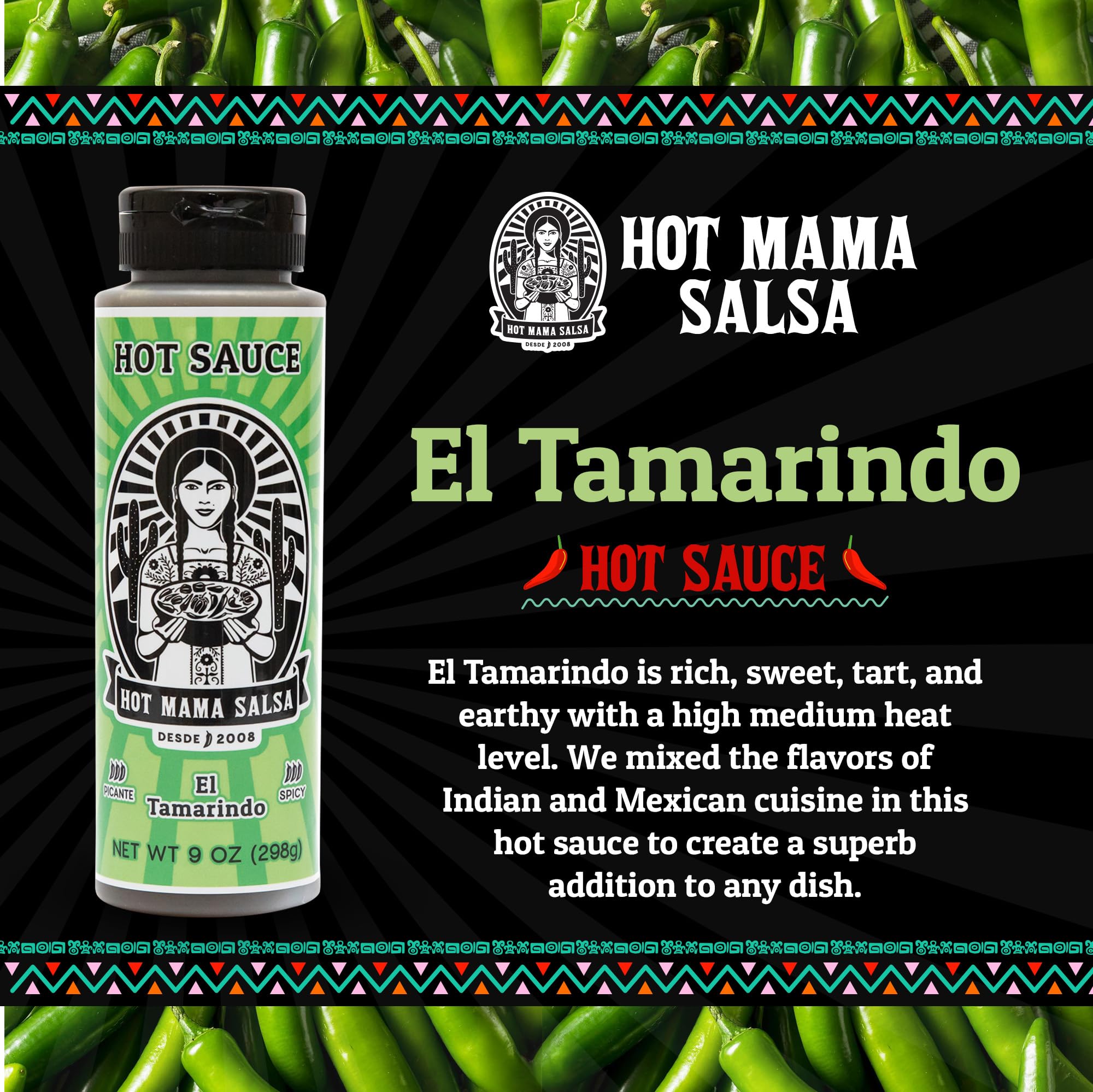 Hot Mama Salsa El Tamarindo - A Chili Hot Sauce with Natural Ingredient Rich in Antioxidants, Low Calorie, No Preservatives, Additives, or GMOs