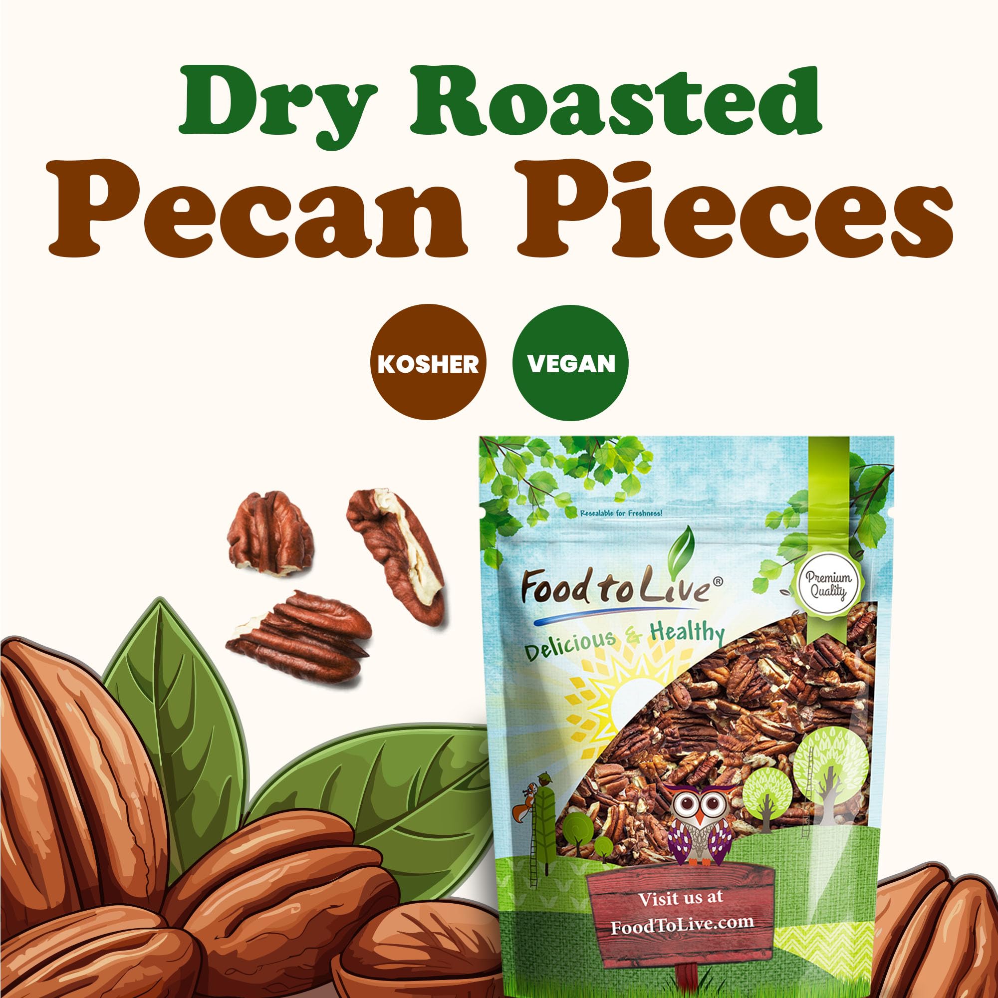 Food to Live Dry Roasted Pecan Pieces, 8 Ounces - Rich in Flavor and Crunch, Oven Roasted, No Oil Added, Unsalted, Perfect for Cooking, Baking