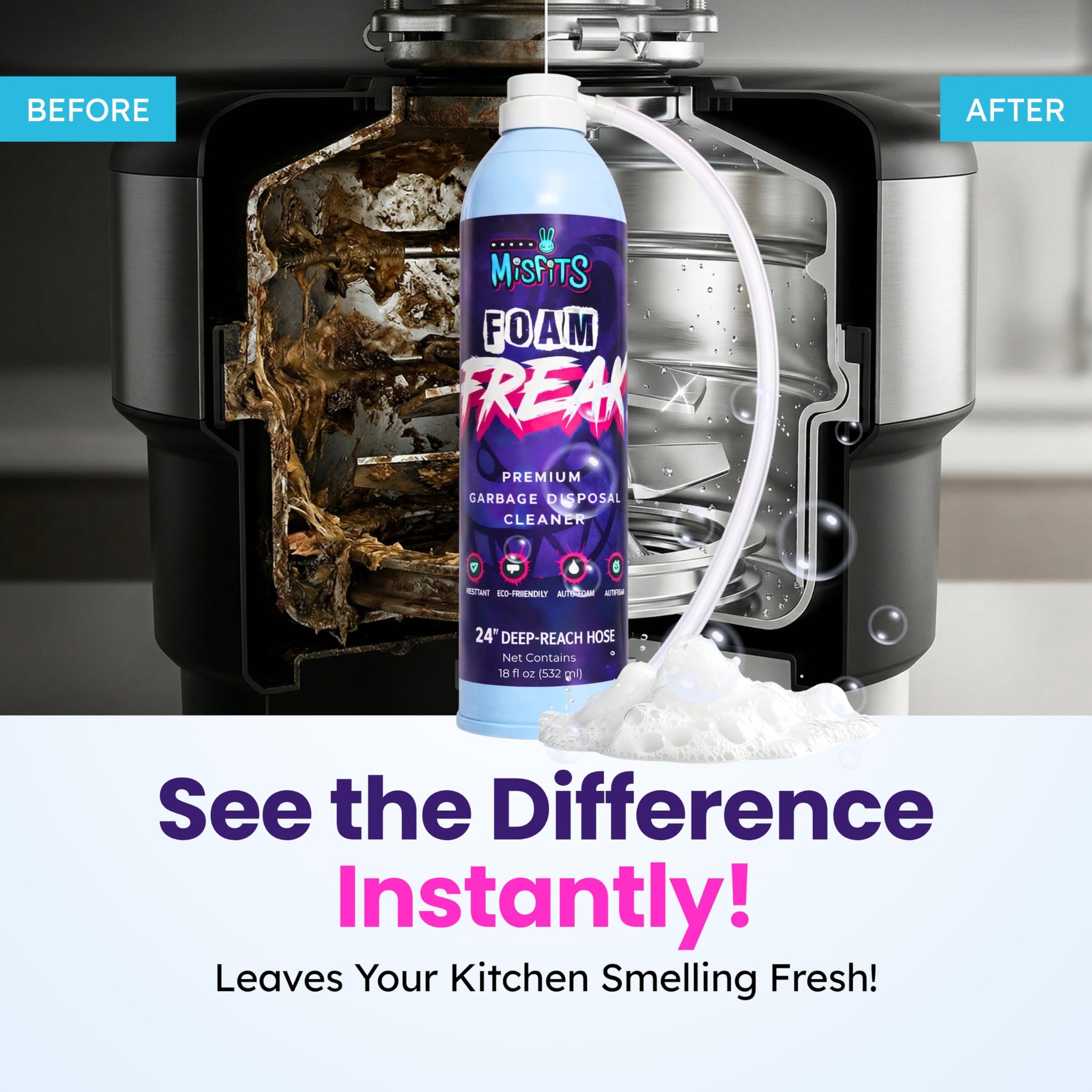 Micro Misfits Foaming Garbage Disposal Cleaner & Deodorizer | Probiotic Enzymatic Formula | Lemon Scent | 24-Inch Hose | 1-Year Supply | Foam Drain