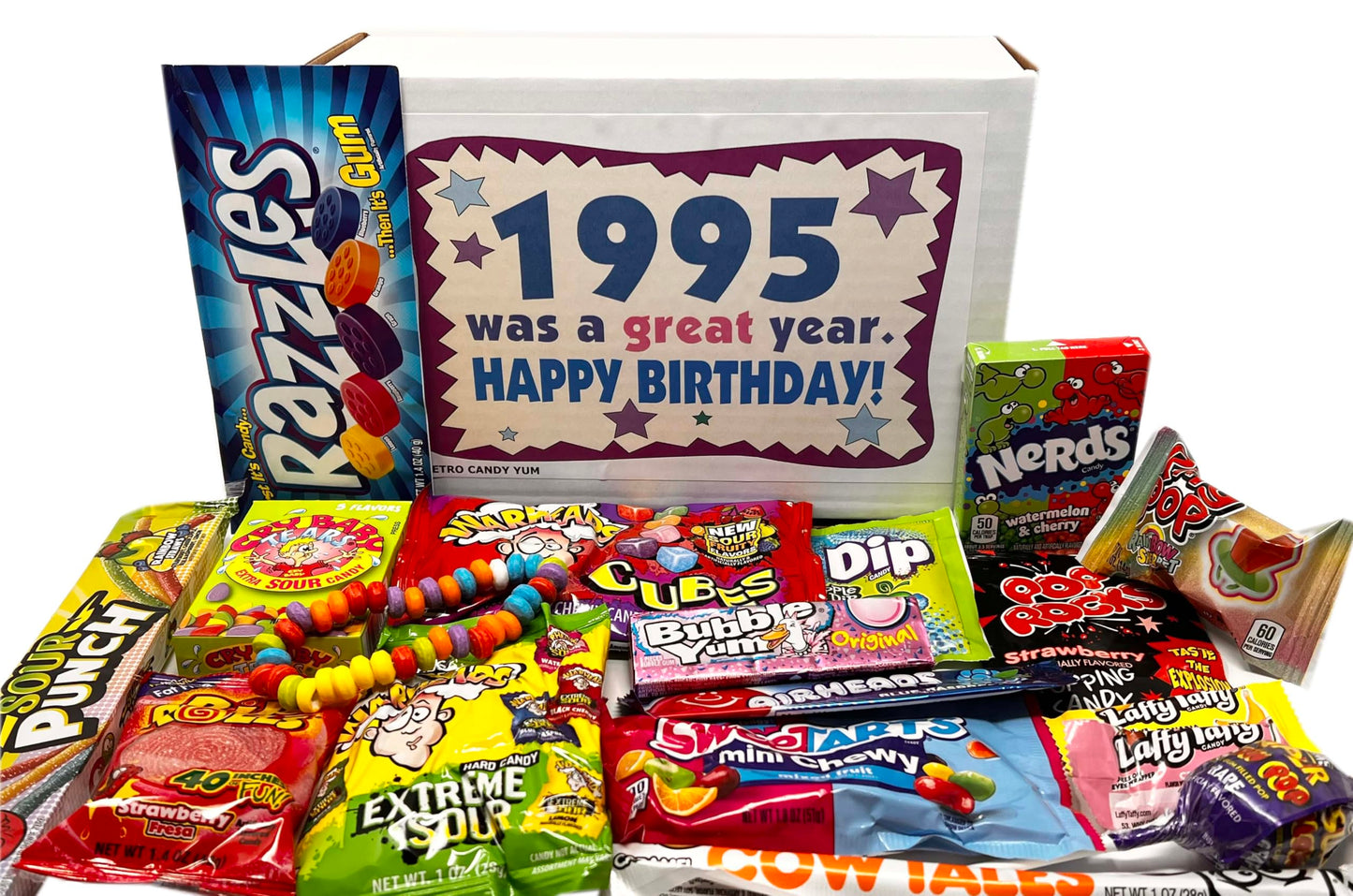 RETRO CANDY YUM ~ 1995 31st Birthday Nostalgic Candy Gift Basket Box 90s Assortment from Childhood Memories for 31 Year Old Woman or Man Born 1995 Jr
