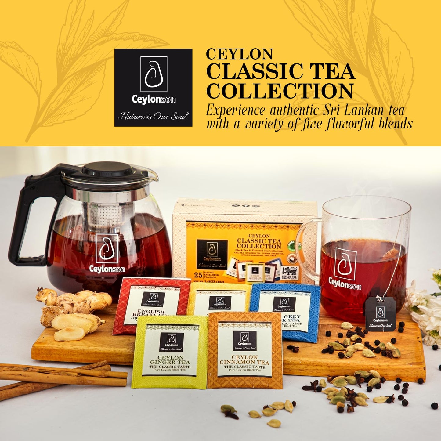 Ceylonzon Variety Pack of 5 Flavor Premium Ceylon Tea Classic Taste 5 Tea Bags of Each Flavor, Cinnamon, Ginger, Chai, English Breakfast and Earl Grey
