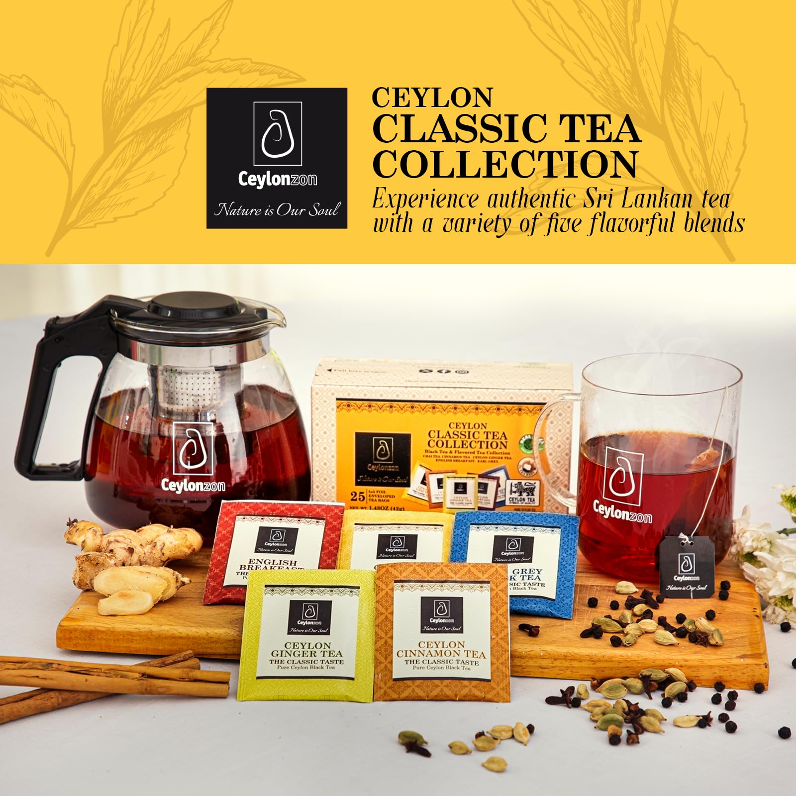 Ceylonzon Variety Pack of 5 Flavor Premium Ceylon Tea Classic Taste 5 Tea Bags of Each Flavor, Cinnamon, Ginger, Chai, English Breakfast and Earl Grey
