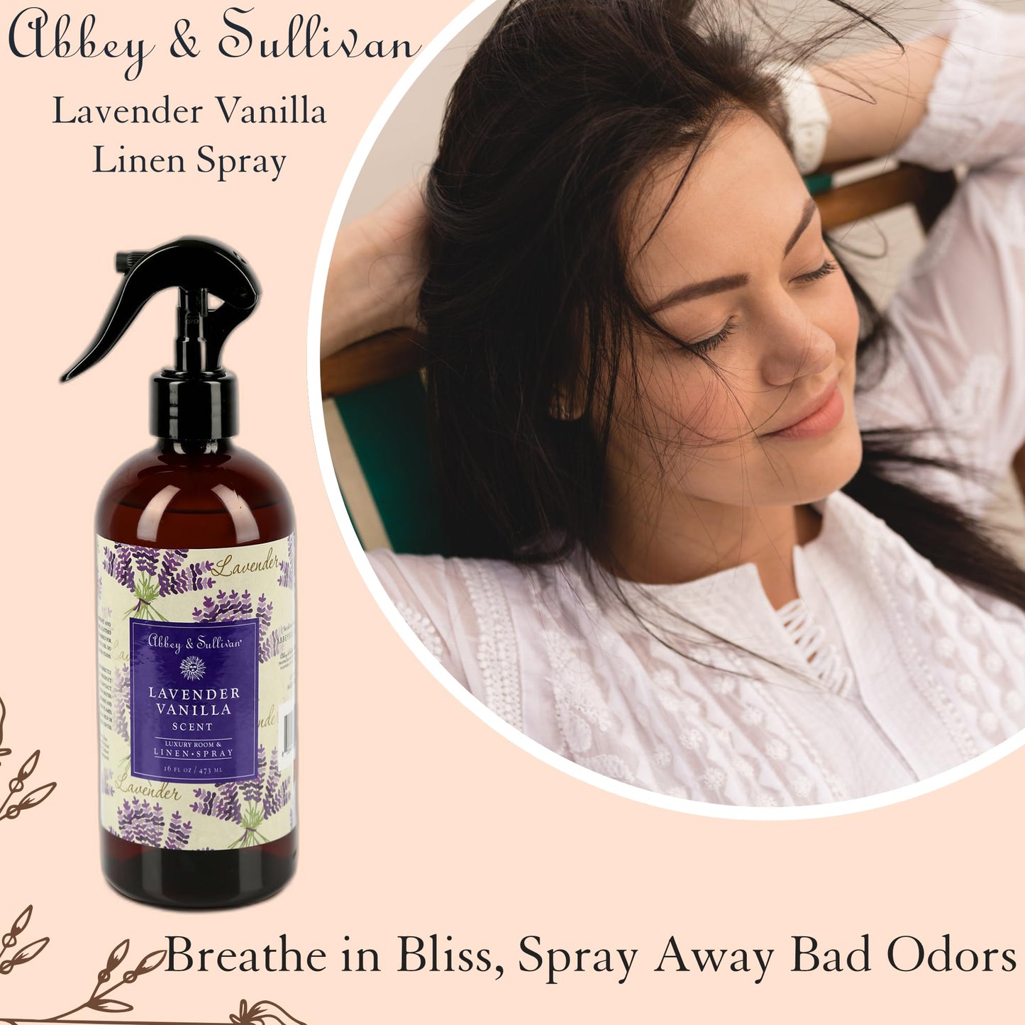 Abbey & Sullivan Linen Spray, Lavender Vanilla, Fabric Freshener and Odor Eliminator, Pack of 2, 16 oz