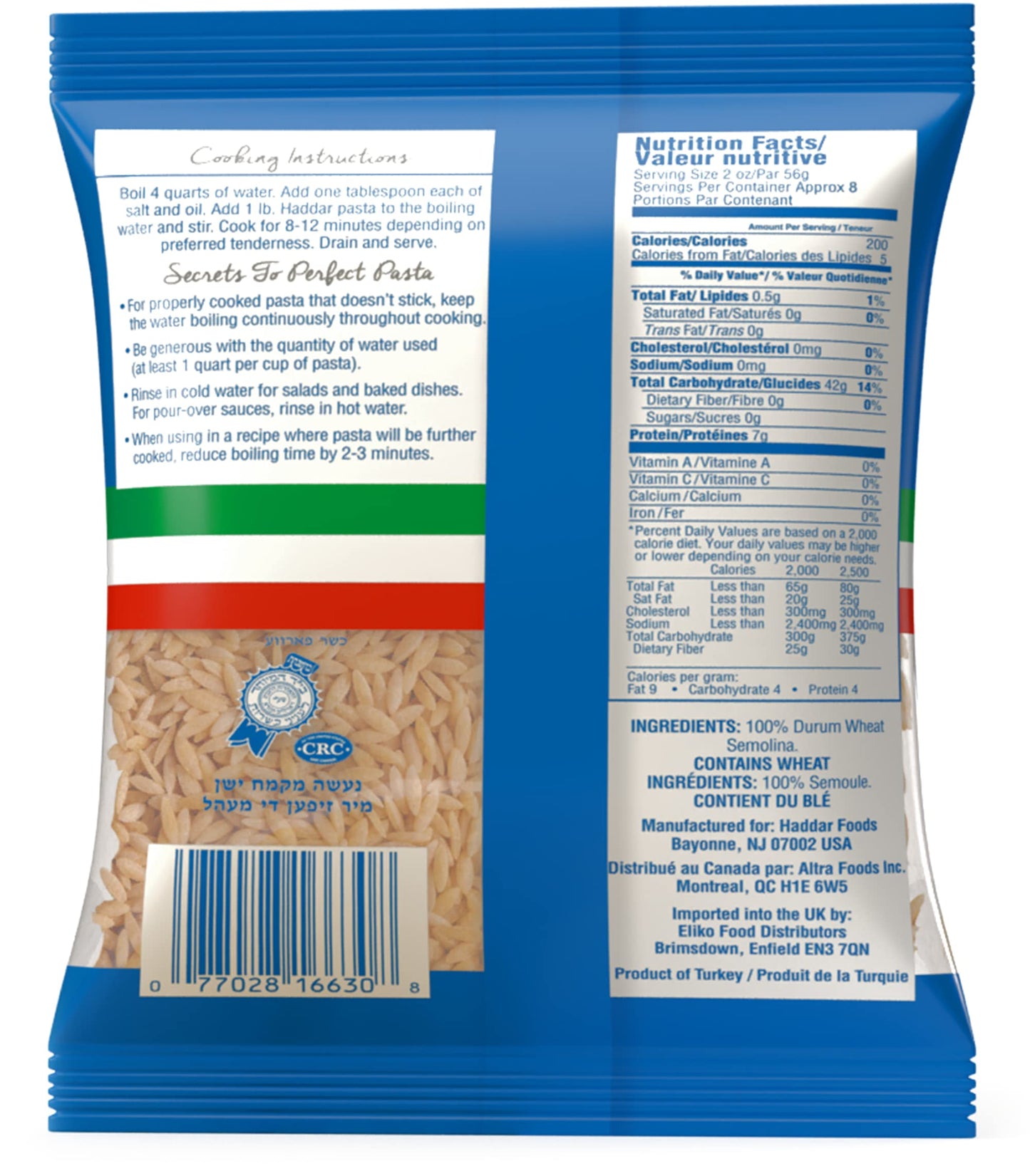 Haddar 100% Durum Semolina Orzo Pasta 16oz (4 Pack = 4 Lbs) | Great in Soups Stews & Salads | Risotto Replacement | Certified Kosher