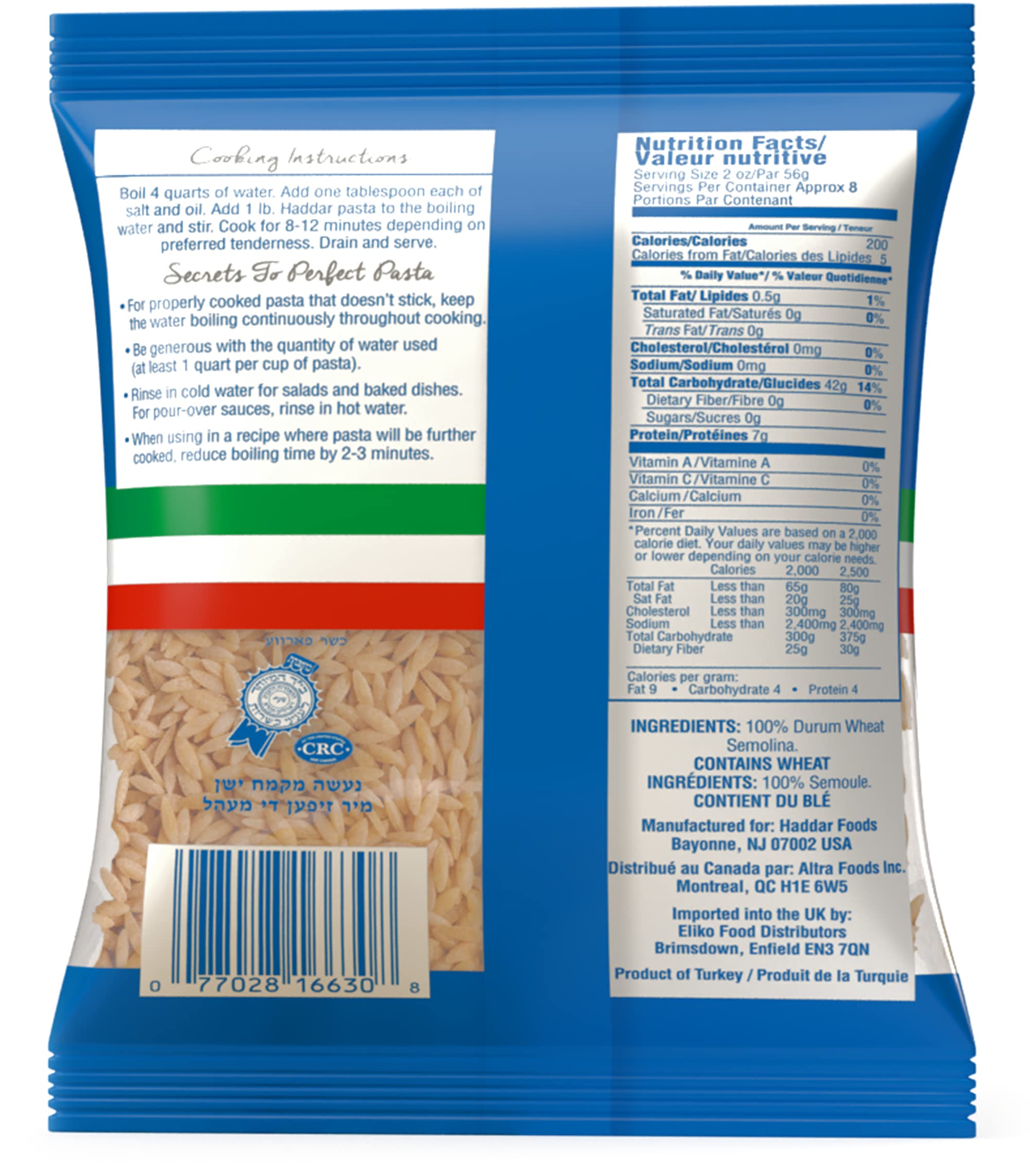 Haddar 100% Durum Semolina Orzo Pasta 16oz (4 Pack = 4 Lbs) | Great in Soups Stews & Salads | Risotto Replacement | Certified Kosher