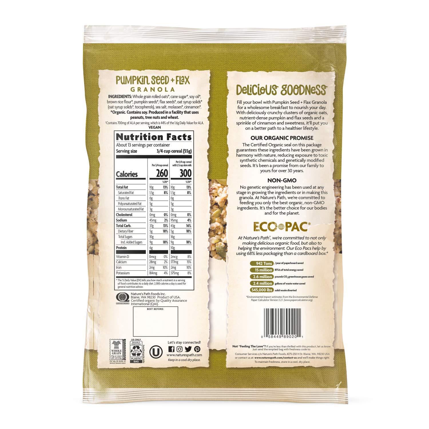 Nature's Path Organic Pumpkin Seed and Flax Granola, 1.65 Lbs. Earth Friendly Package (Pack of 6), Non-GMO, Heart Healthy, High Fiber, 6g Plant Based