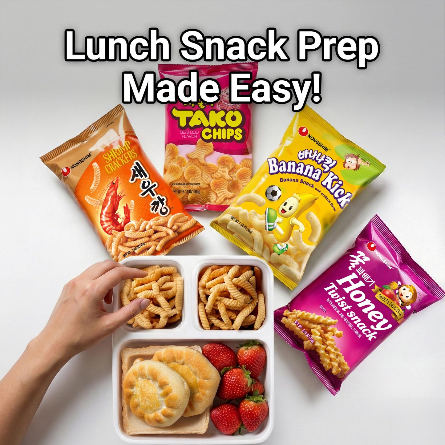 Nongshim Korean Variety Snack Pack, Original Shrimp Crackers, Honey Twist Snack, Banana Kick, Tako Chips, Variety Pack, Snacks for Kids, Sport Event