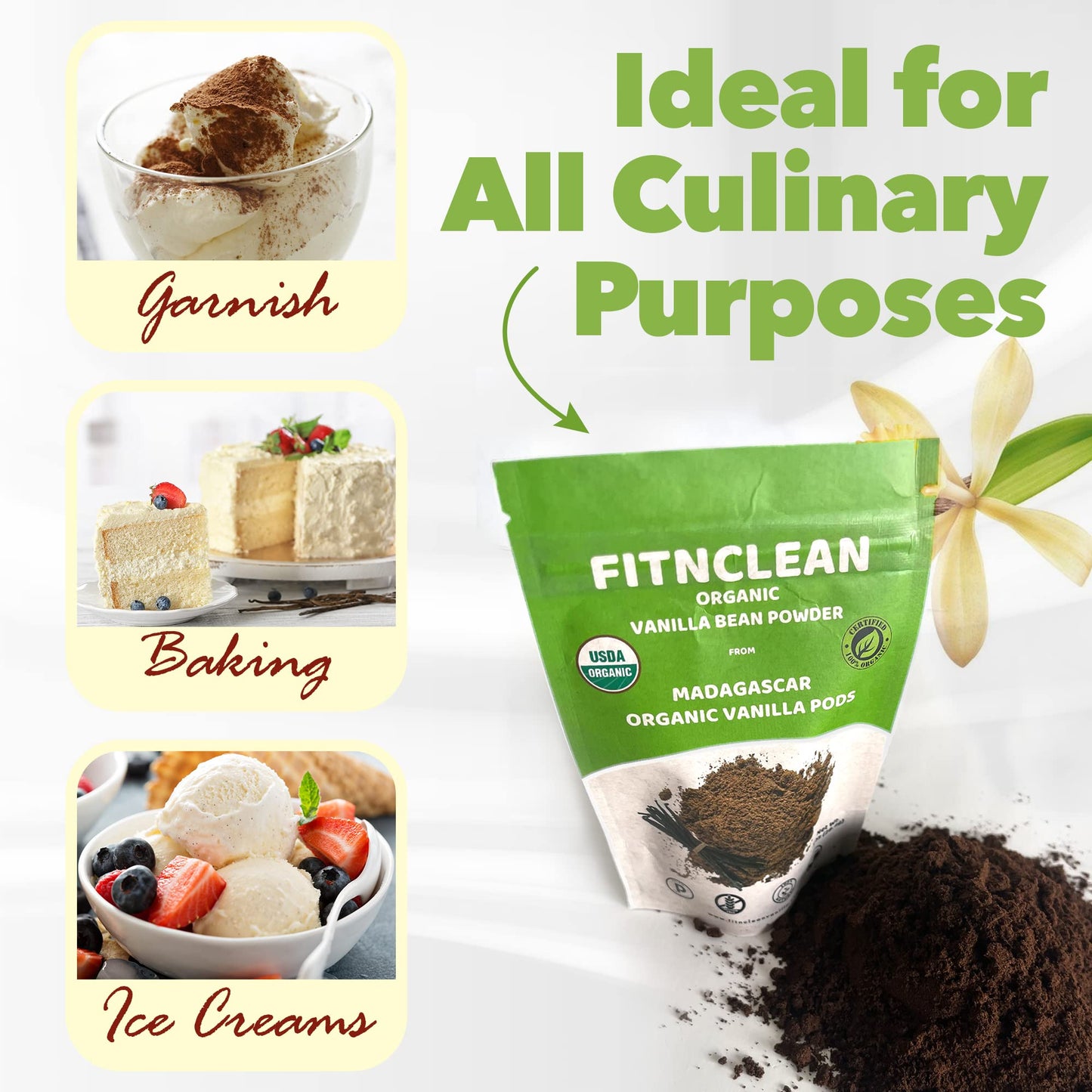 1oz Organic Madagascar Vanilla Bean Powder. Certified USDA Organic. Ground whole Gourmet Pods by FITNCLEAN VANILLA| Raw Natural Unsweetened No