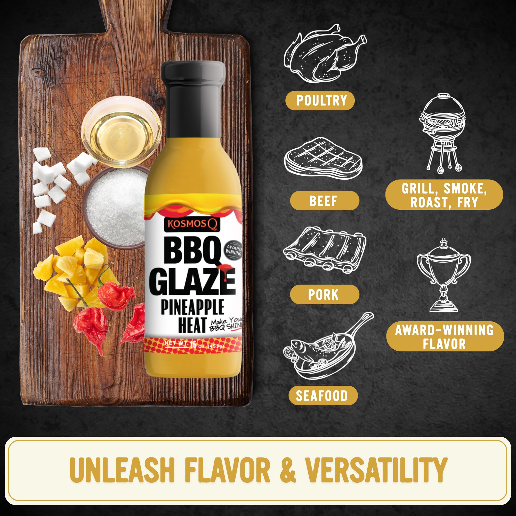 Kosmos Q Pineapple Heat BBQ Glaze, Sweet and Spicy Glaze for Ribs, Chicken, Pork, and Brisket, Thick Competition-Style BBQ Glaze with Real Pineapple