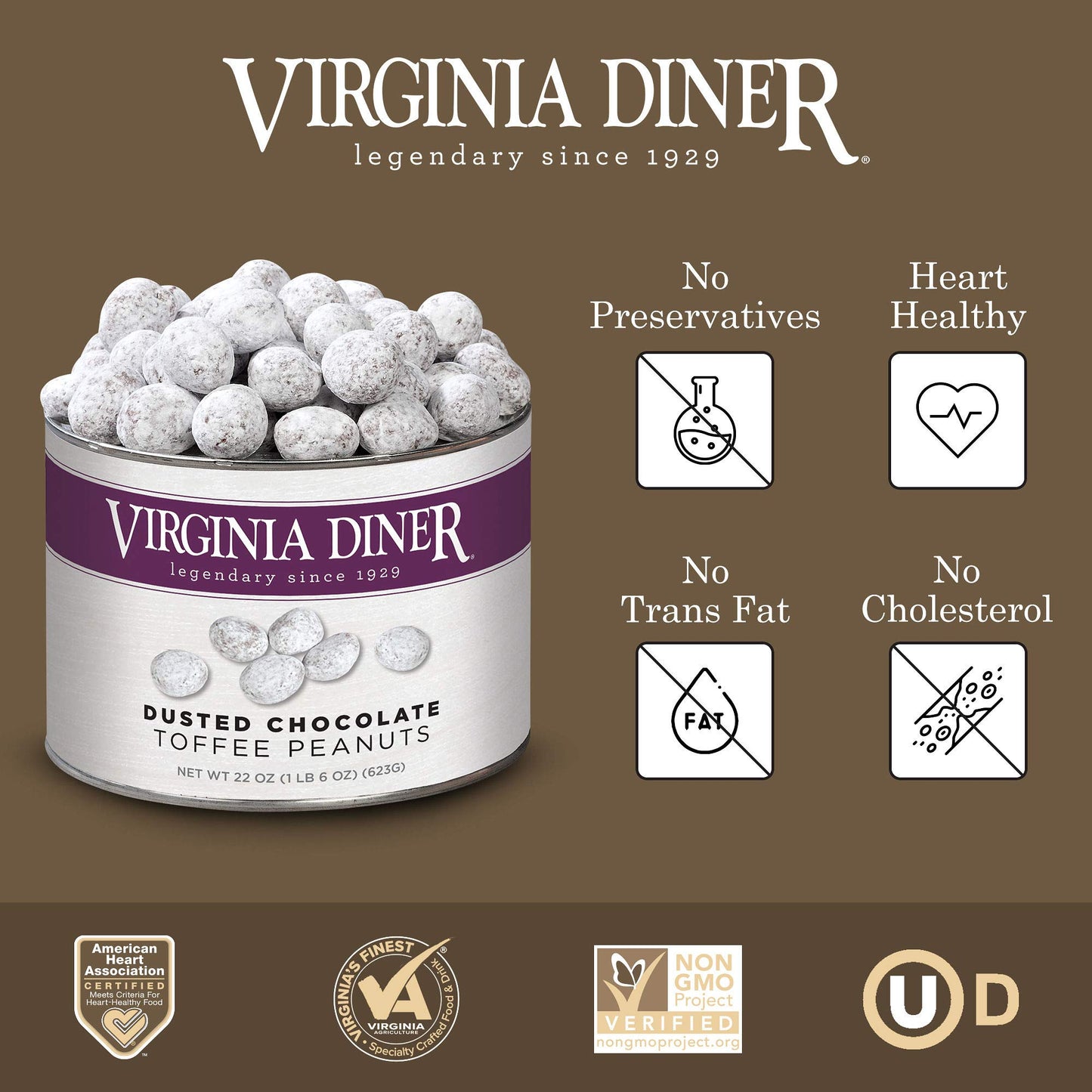 Virginia Diner Gourmet Dusted Toffee Virginia Chocolate Fancy Peanuts, Milk Chocolate Covered, Heart Healthy22 oz (Pack of 1)