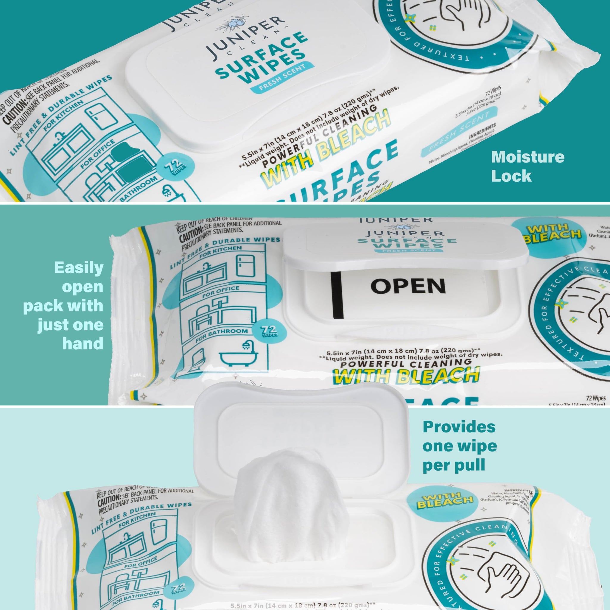 Juniper CLEAN 24 Pack Surface Cleaning Wipes with Bleach, All-Purpose Cleaner for Bathroom, Kitchen, Office, 1728 Count Soft Flow, Fresh Scent, Lint