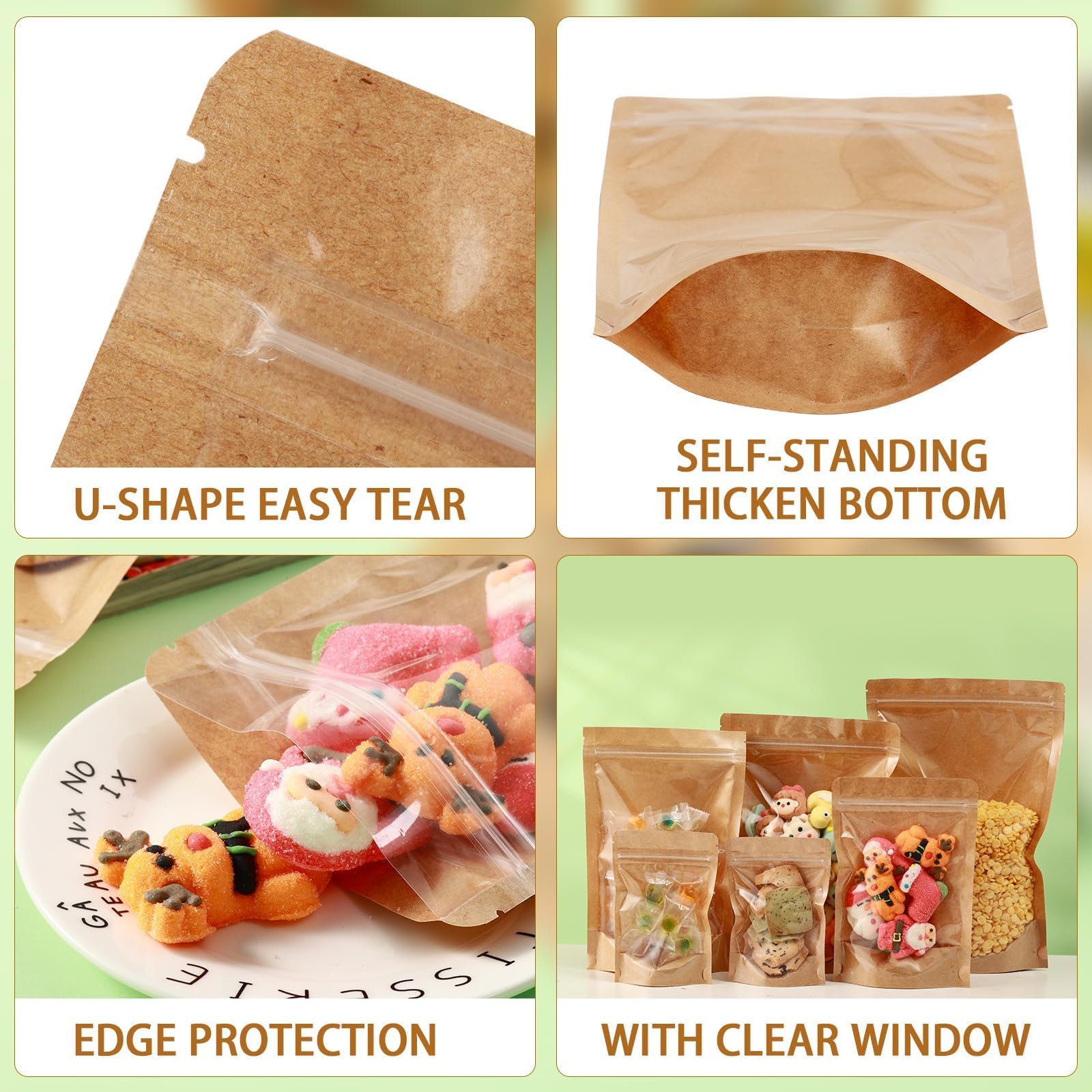 200 Pack Kraft Paper Bags with Clear Window 6x9 Reclosable Small Stand Up Mylar Bags for Food Storage Resealable Smell Proof Pouch, Edible Packaging