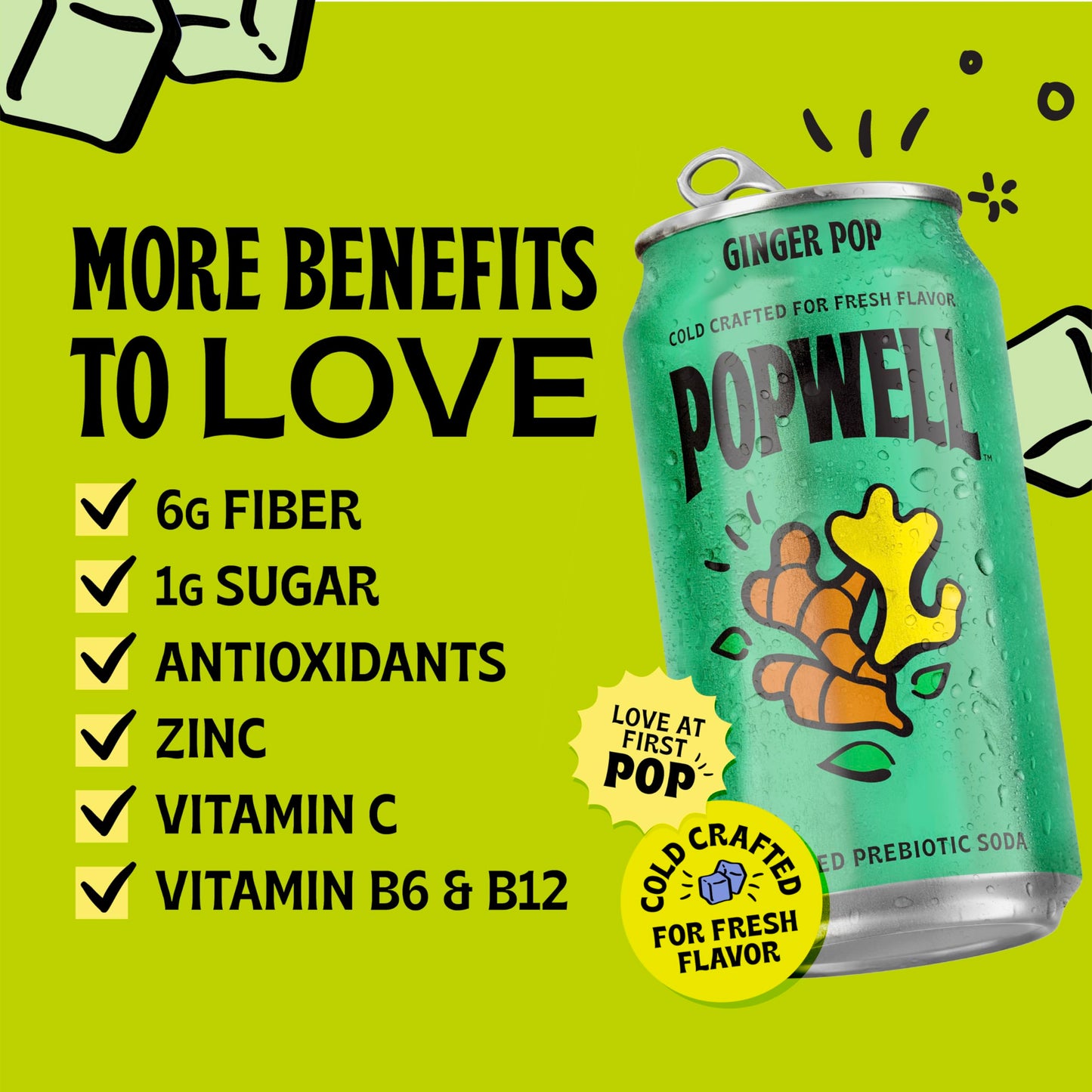 Popwell Ginger Pop Better-For-You Prebiotic Soda, with 6g Fiber, 1g Sugar, Vitamins and Immunity Support, 12 fl oz Cans (pack of 12)