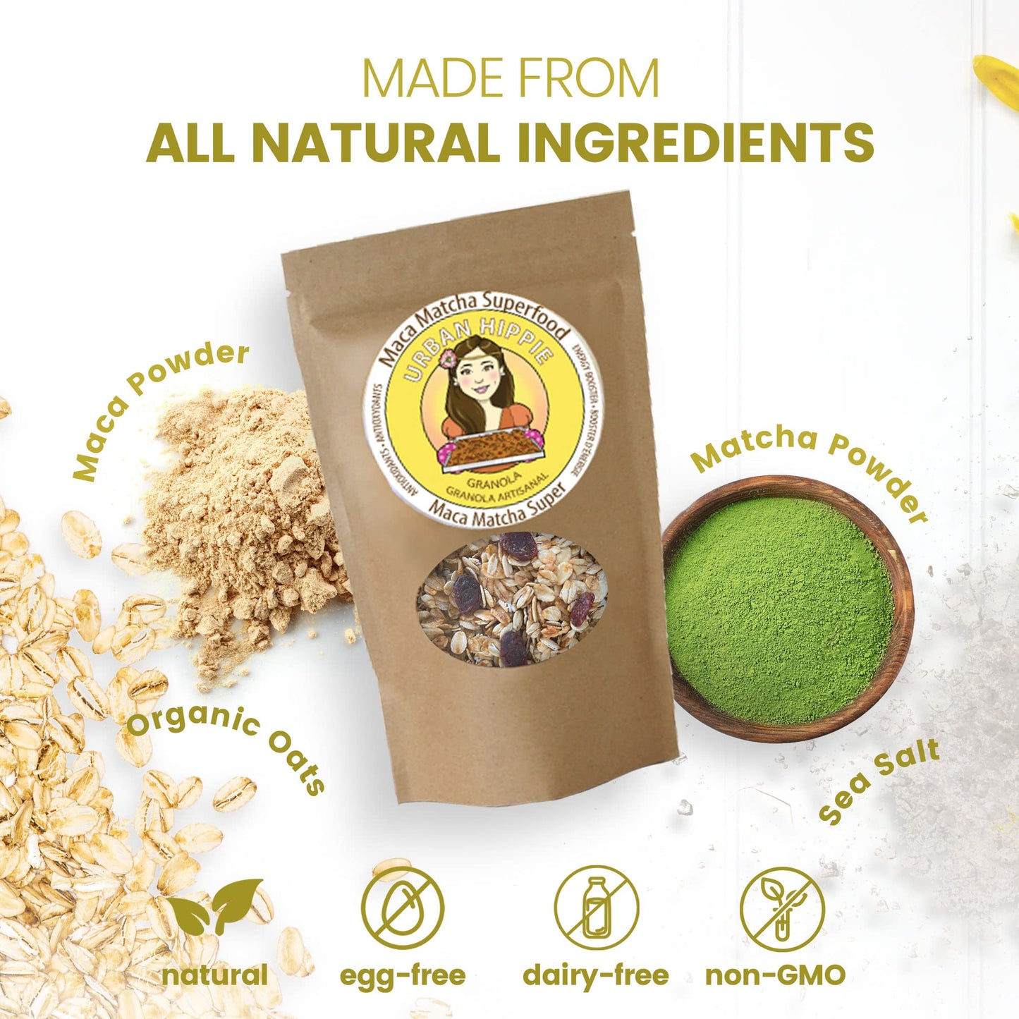 Urban Hippie Granola - Maca Matcha Superfood Granola, Non-Gmo, Non Dairy, No Sulphites or Soy, Healthy Granola, 300g
