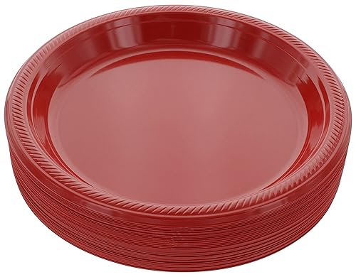 Amcrate Disposable Red Plastic Dinner Plates, 10.4 Inches, Strong and Sturdy for Party, Holiday, Picnic, or Travel - Pack of 50