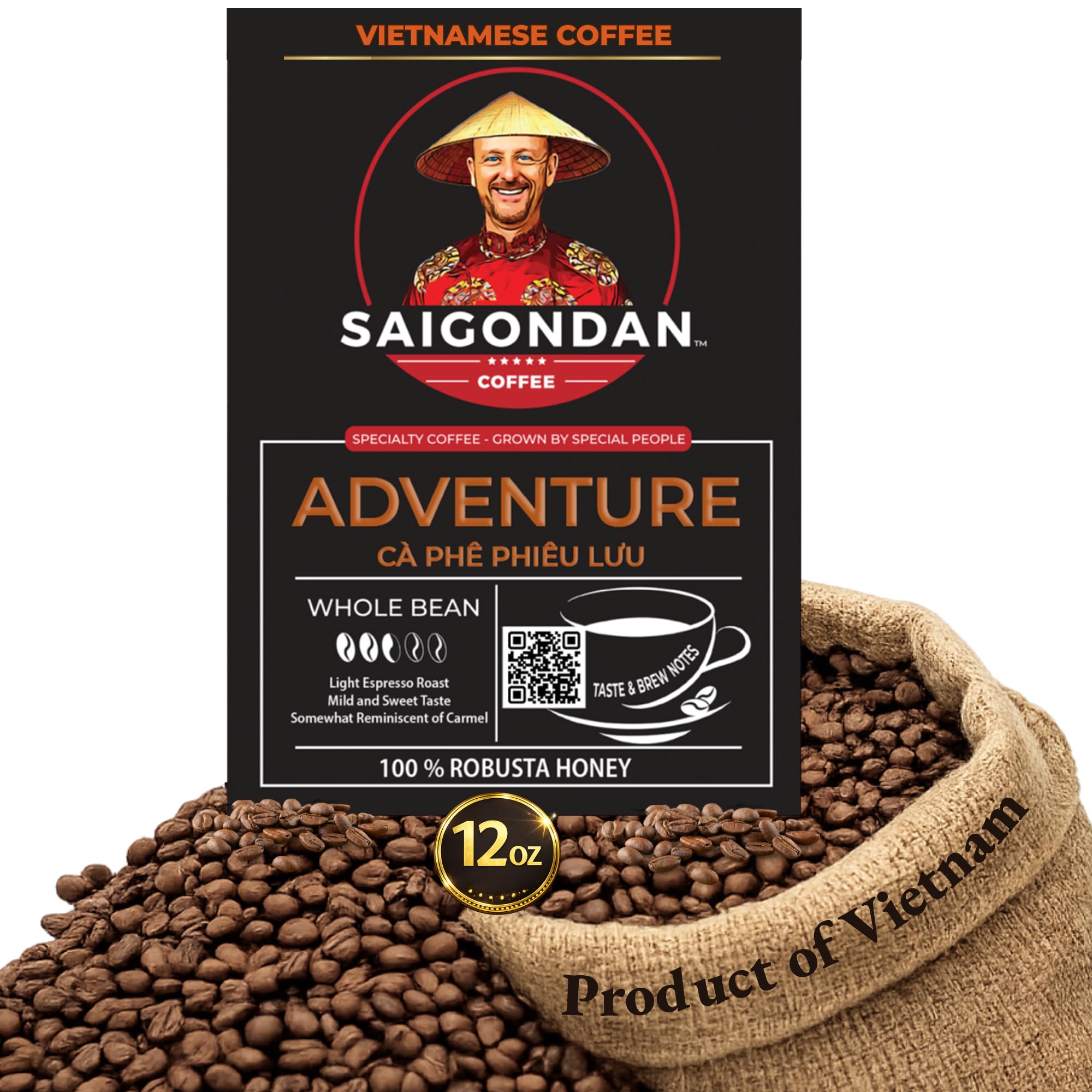 Vietnamese Whole Bean Coffee - Saigondan Adventure 100% Robusta Light Espresso Roast - Premium Single Origin, Direct Trade Vietnamese Coffee - 12 oz