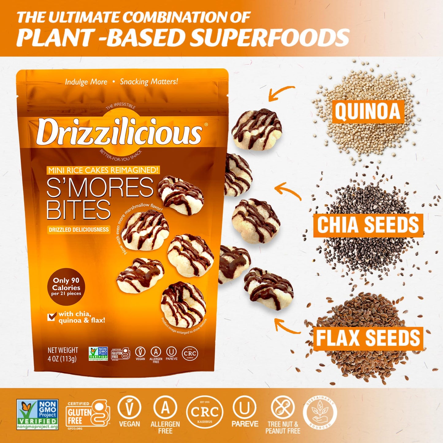 Drizzilicious Mini Flavored Rice Cakes S'mores - Rice Crisps, Healthy Snack for Adults and Kids, Vegan, Gluten Free Snack, Allergen Free, Only 90