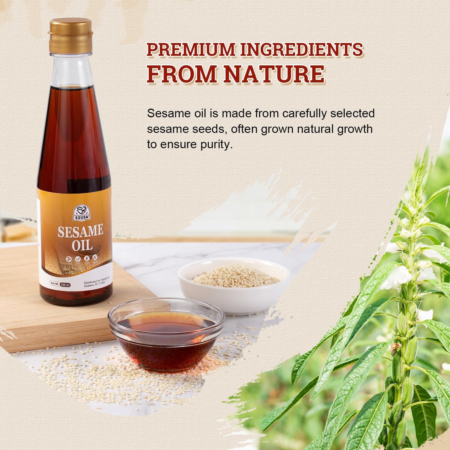52USA Sesame Oil, Toasted Sesame Oils, Sesames Oil Cooking, 8.45 Fl Oz (250 ml)-Premium Toasted Sesame Seed Oil, Aromatic & Nutty Flavor, 100% Pure