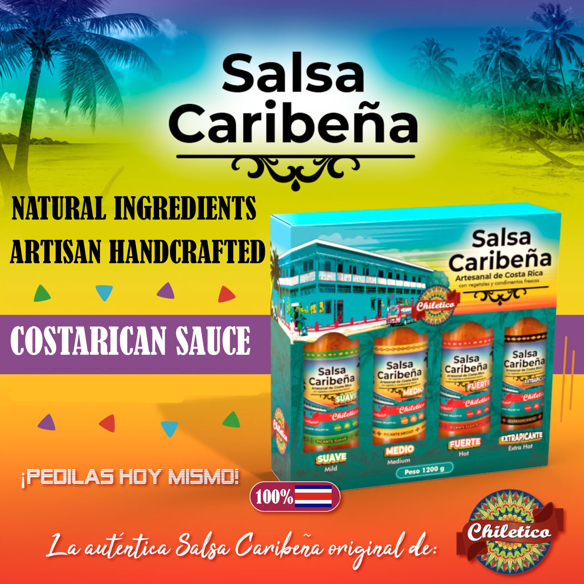 Chiletico Caribbean Hot Sauce - Authentic and Artisan Costa Rican Salsa Picante - Bold Heat with Tropical Flavor - 4.9 oz Each Bottle 3-Pack