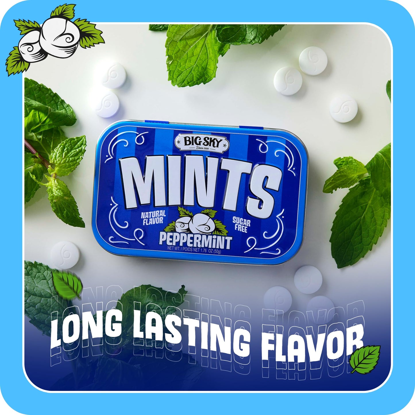 Big Sky Sugar Free Peppermint Mints - 50 Count Tin (Pack of 6) | Kosher Certified, Vegan Peppermint Candy | Aspartame & Gluten Free | Natural Breath