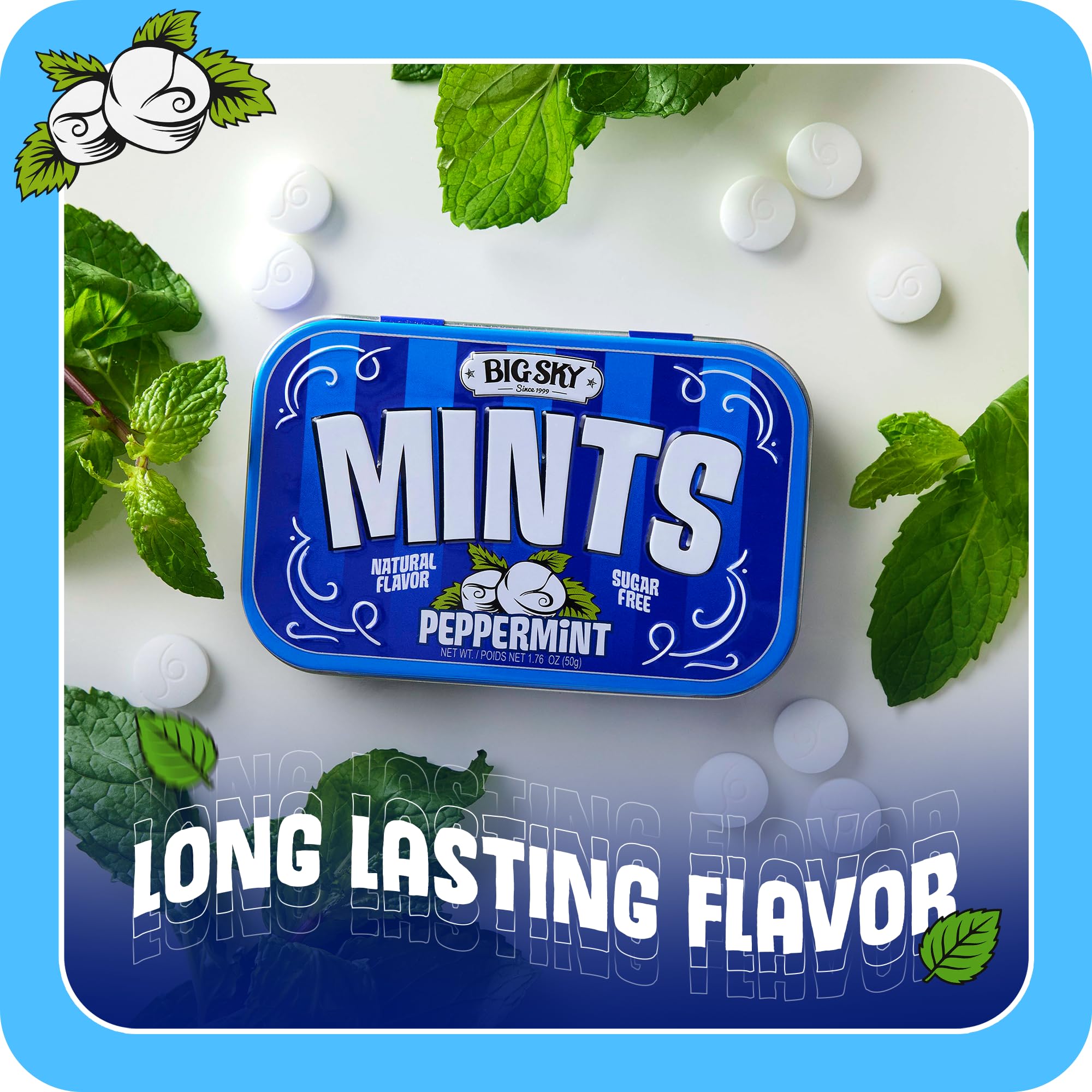 Big Sky Sugar Free Peppermint Mints - 50 Count Tin (Pack of 6) | Kosher Certified, Vegan Peppermint Candy | Aspartame & Gluten Free | Natural Breath