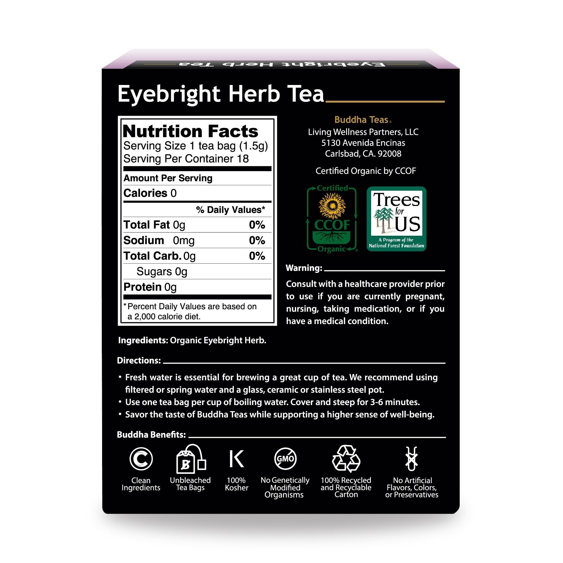 Buddha Teas Organic Eyebright Herb Tea - OU Kosher, USDA Organic, CCOF, 18 Bleach-Free Tea Bag