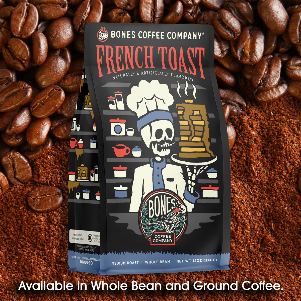 Bones Coffee Company French Toast, Sweet and Buttery Flavored Flavored Coffee, Medium Roast Low Acid Arabica Beans Compatible with Auto drip