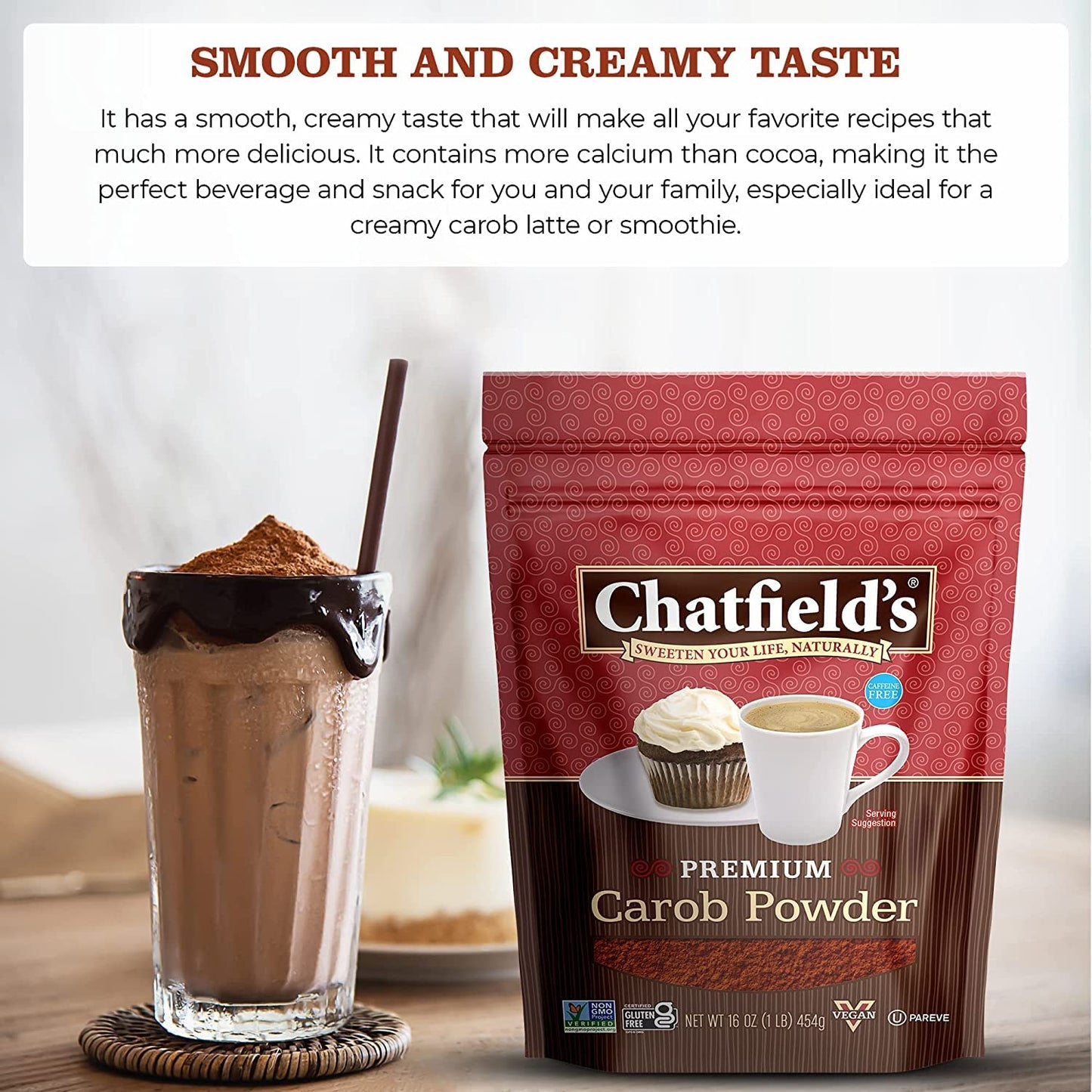 Chatfield’s All Natural Carob Powder 16-oz Pouch, Sweet and Delicious, Premium Quality, Caffeine-Free, Gluten-Free, Vegan, Kosher, Non-GMO Verified - (2 Pack)