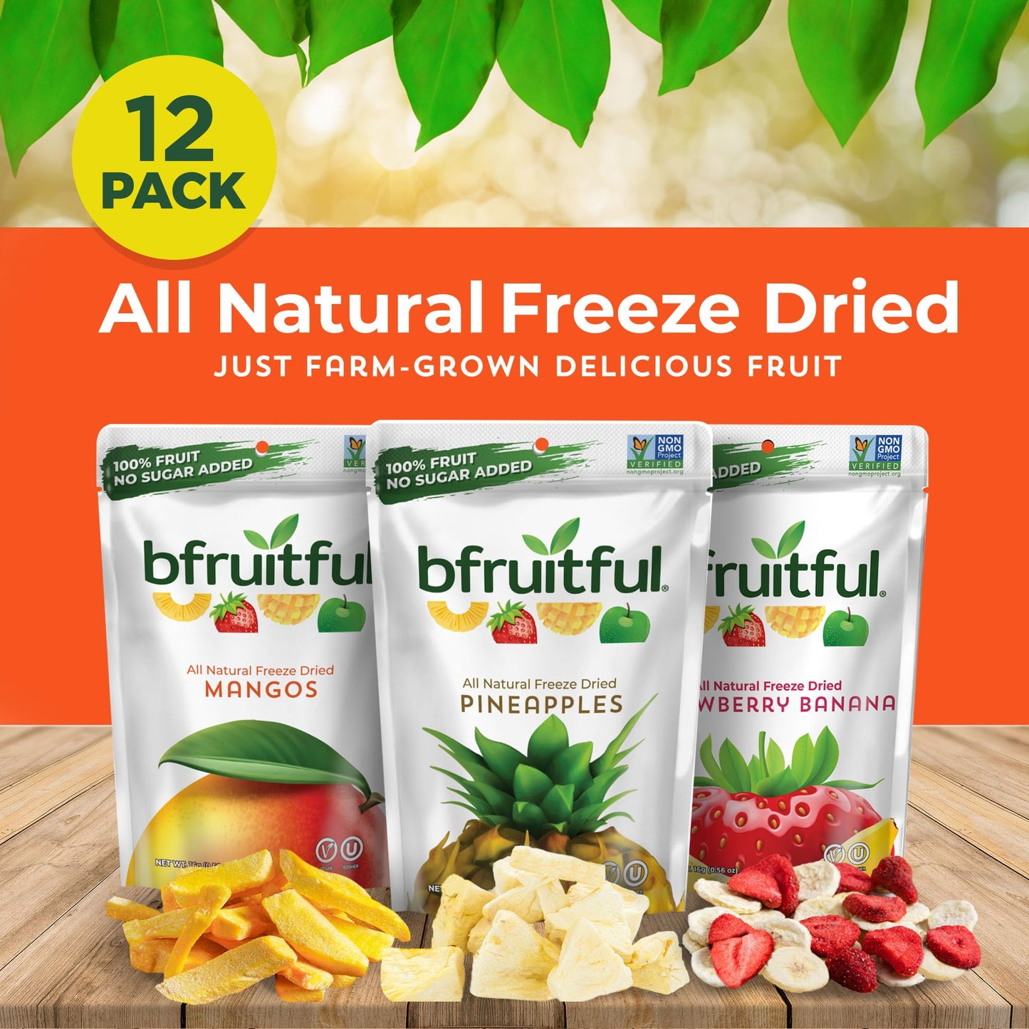 bfruitful Freeze Dried Fruit Variety Pack - Mango, Strawberry Banana & Pineapple, Freeze Dried Fruit Snacks for Kids & Adults, No Sugar Added, Vegan