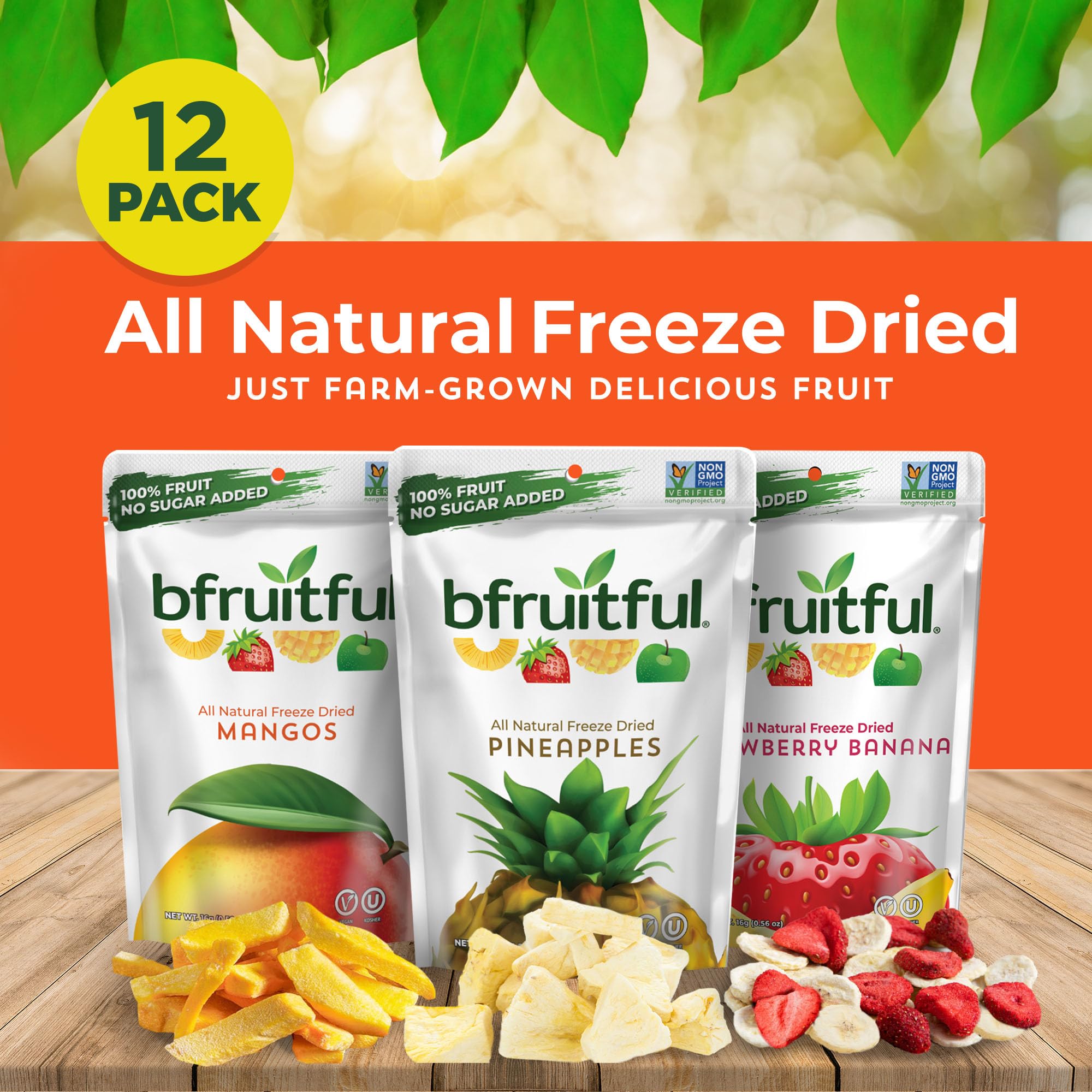 bfruitful Freeze Dried Fruit Variety Pack - Mango, Strawberry Banana & Pineapple, Freeze Dried Fruit Snacks for Kids & Adults, No Sugar Added, Vegan