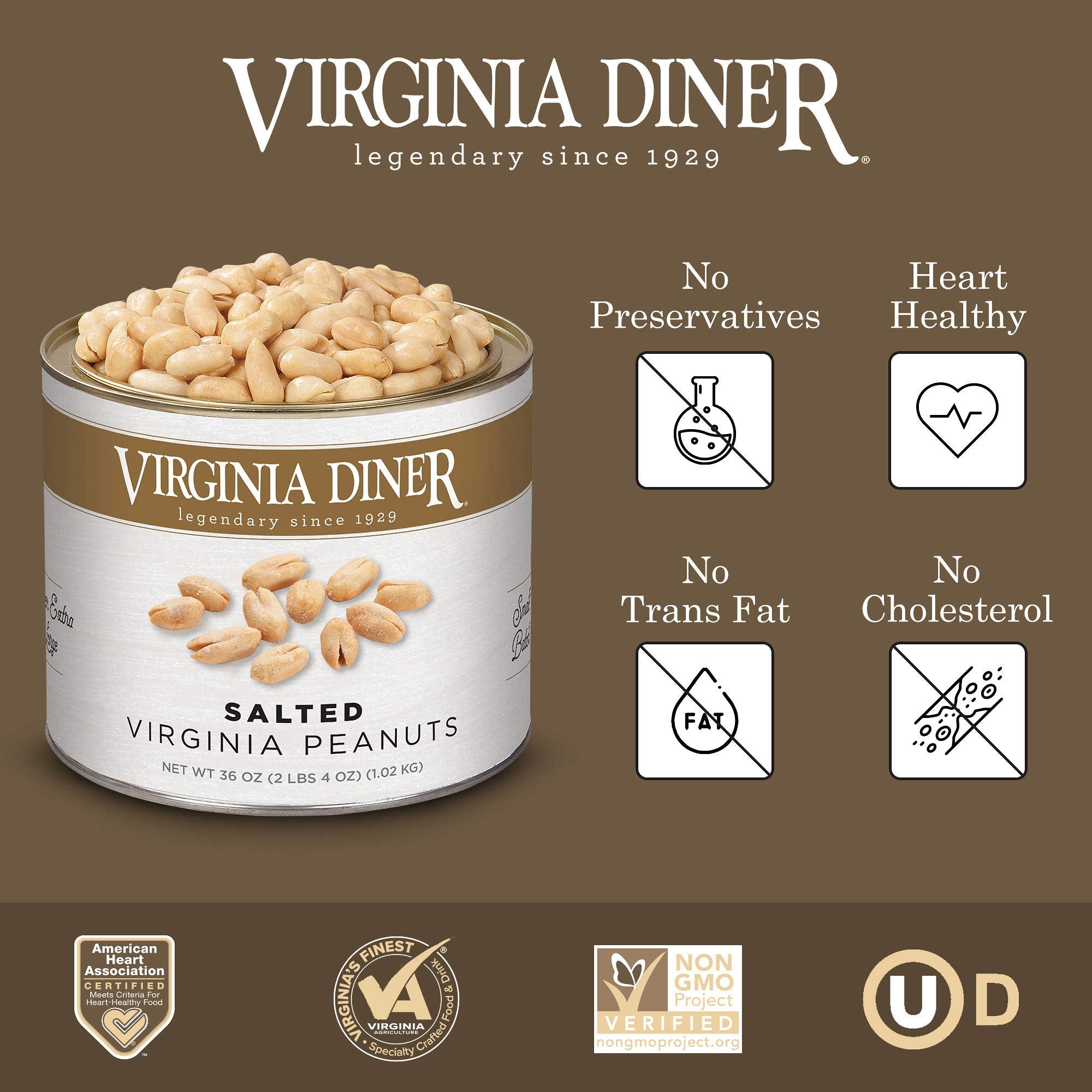 Virginia Diner Natural XL Blister Roasted Virginia Peanuts, Heart Healthy, All Natural, 36 Ounce Tin (2.25 Pound Salted)