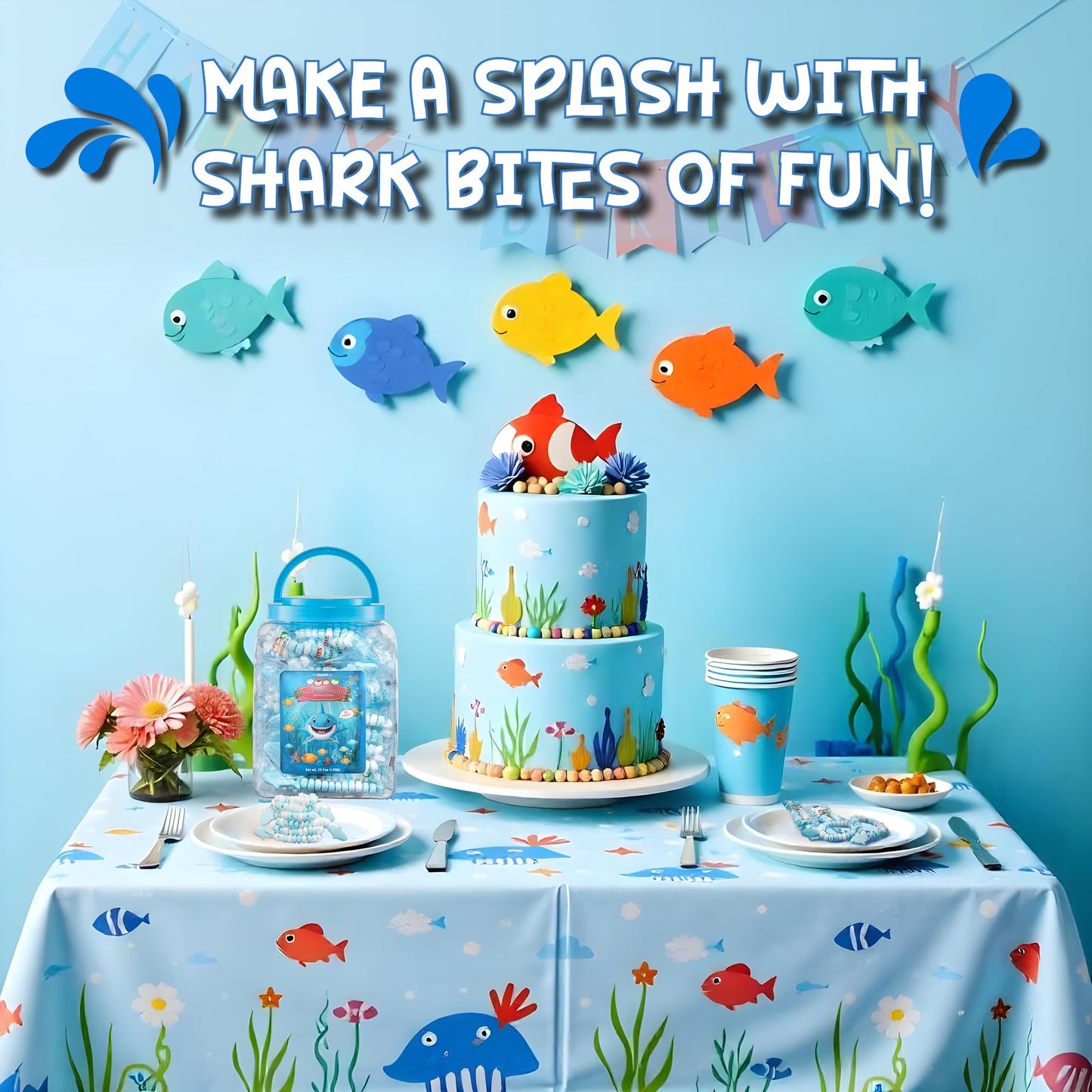 50 Shark Candy Bracelets, Cool Blue Candy for Under the Sea and Baby Shark Party Favors, Decorations and Goody Bag Fillers, Individually Wrapped In a
