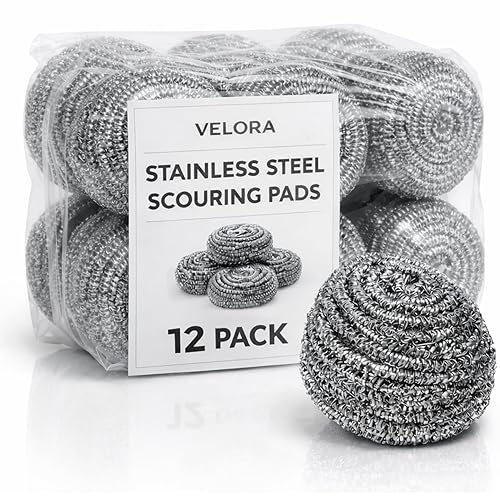 VELORA Stainless Steel Cleaner Scouring Pads [12 Pack] - Industrial & Commercial Strength Large Cleaning Supplies Dish Sponge - Individually Wrapped