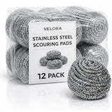 VELORA Stainless Steel Cleaner Scouring Pads [12 Pack] - Industrial & Commercial Strength Large Cleaning Supplies Dish Sponge - Individually Wrapped