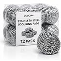 VELORA Stainless Steel Cleaner Scouring Pads [12 Pack] - Industrial & Commercial Strength Large Cleaning Supplies Dish Sponge - Individually Wrapped