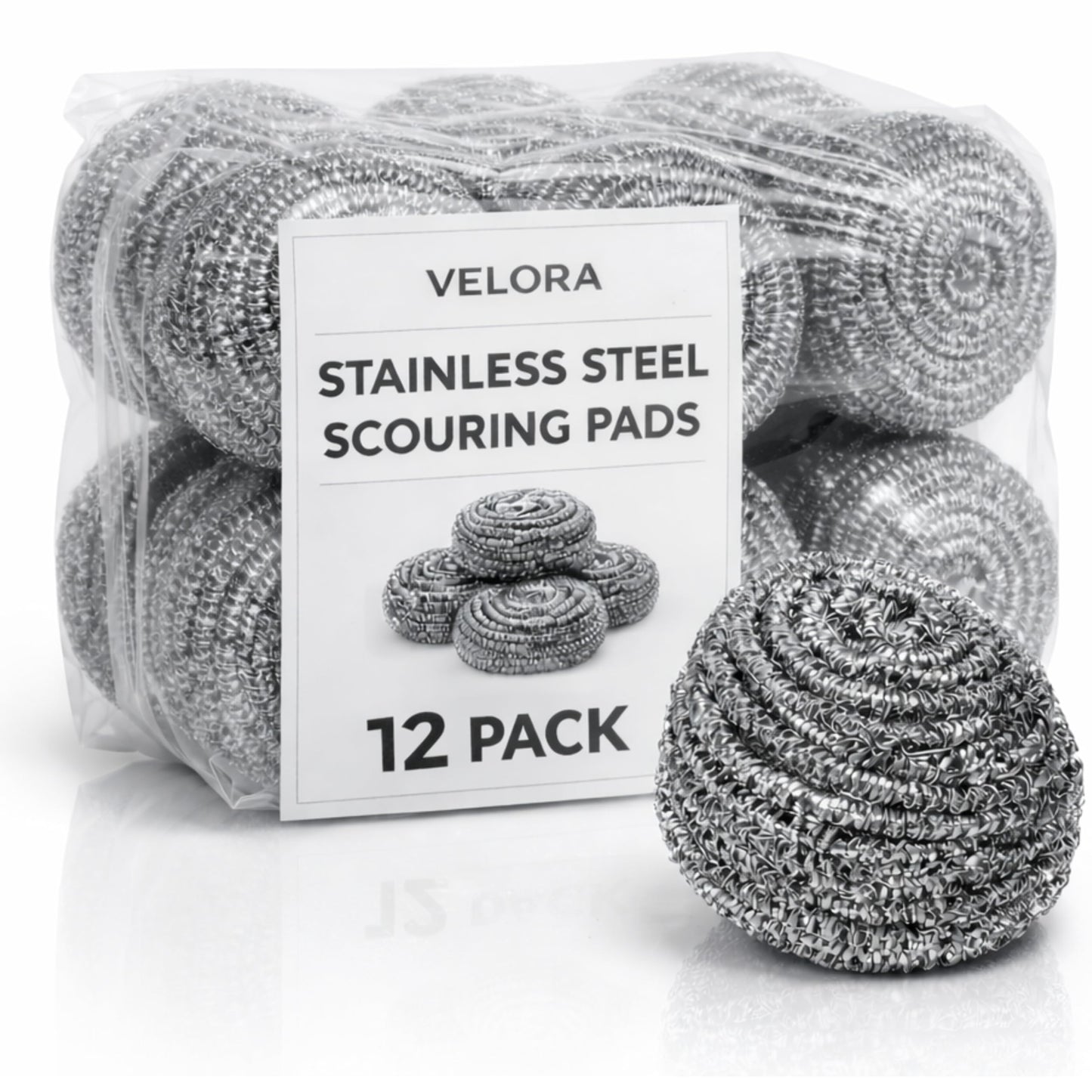 VELORA Stainless Steel Cleaner Scouring Pads [12 Pack] - Industrial & Commercial Strength Large Cleaning Supplies Dish Sponge - Individually Wrapped