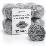 VELORA Stainless Steel Cleaner Scouring Pads [12 Pack] - Industrial & Commercial Strength Large Cleaning Supplies Dish Sponge - Individually Wrapped