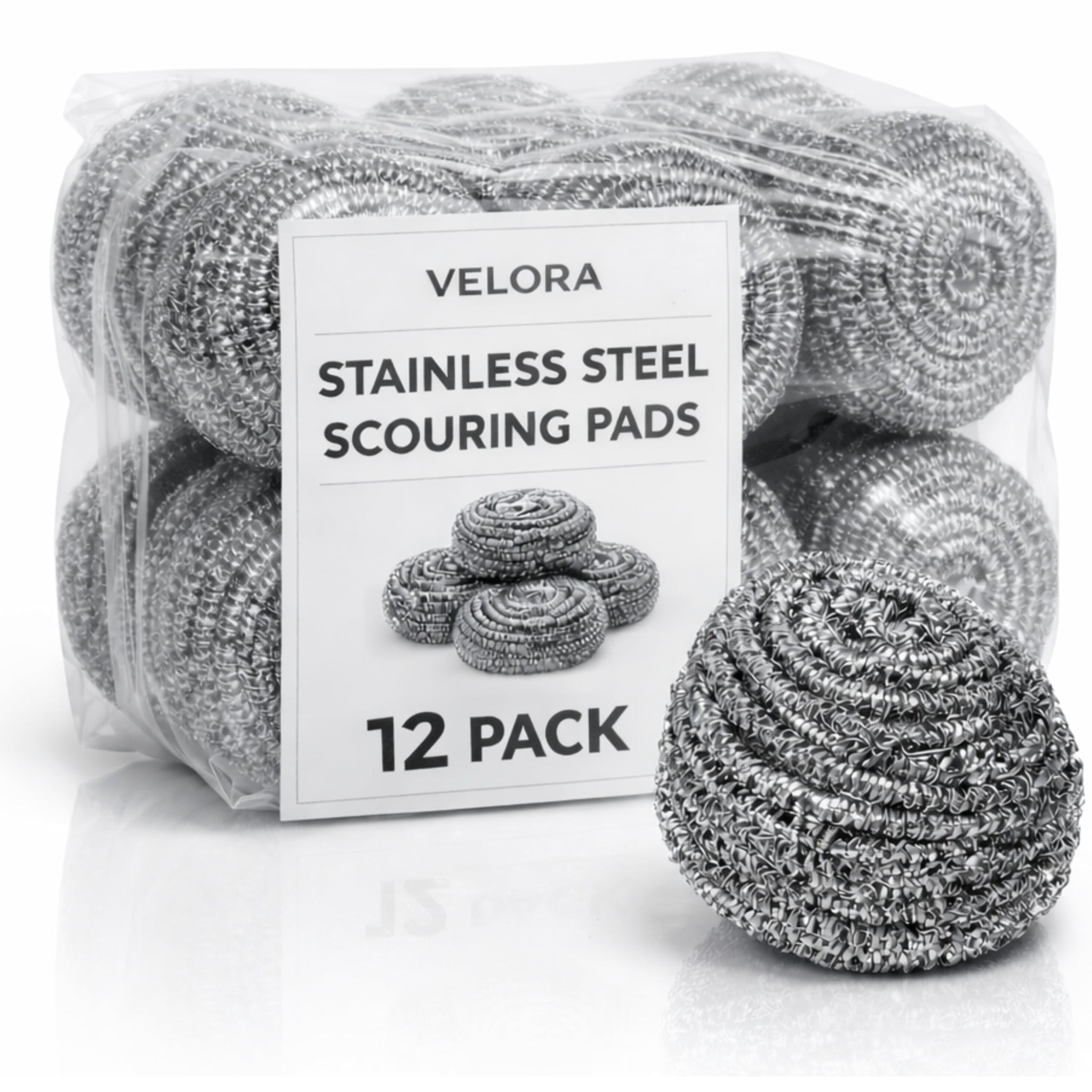 VELORA Stainless Steel Cleaner Scouring Pads [12 Pack] - Industrial & Commercial Strength Large Cleaning Supplies Dish Sponge - Individually Wrapped