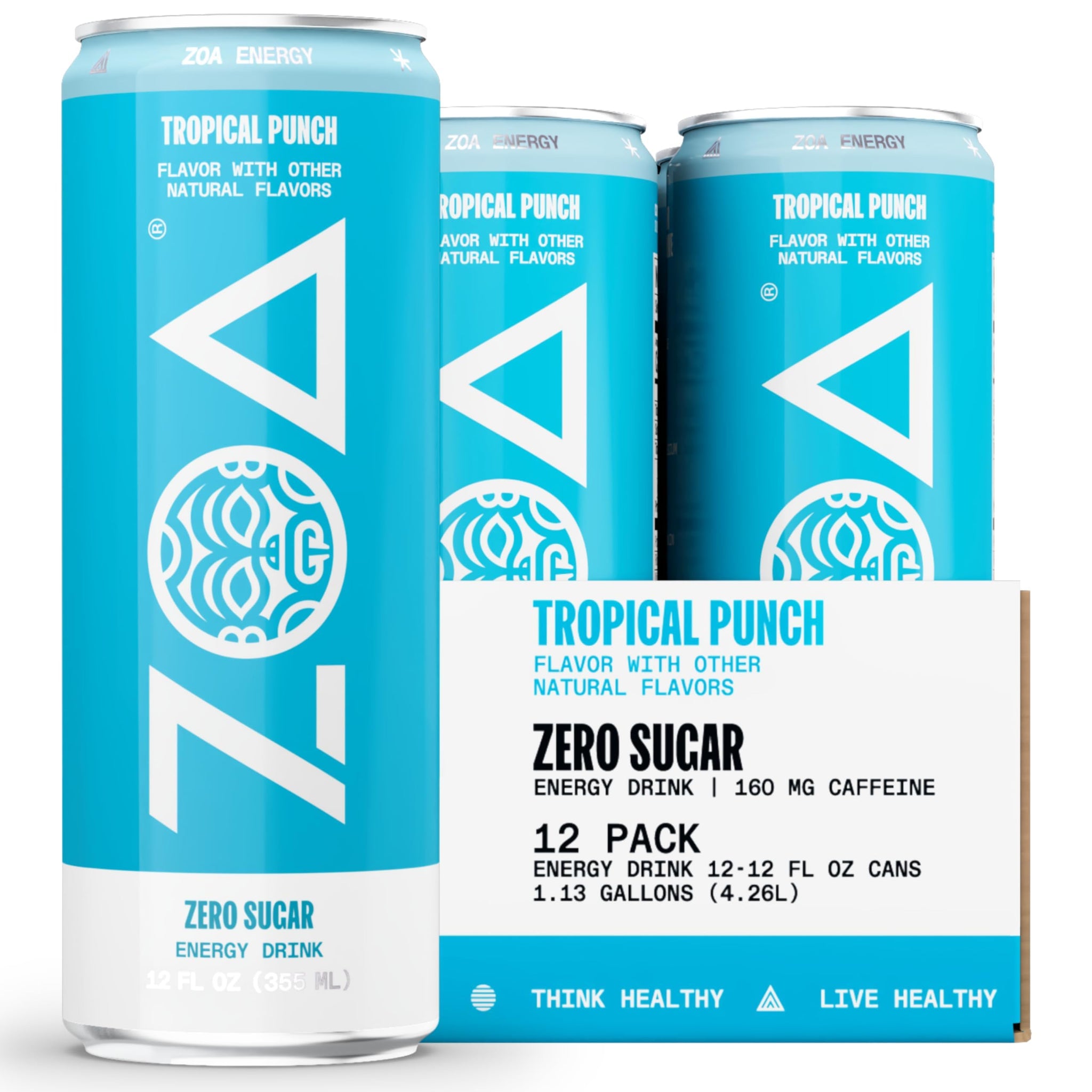 ZOA Zero Sugar Energy Drinks - Tropical Punch | Healthy Energy Formula with Natural Caffeine, Daily Vitamin C, Essential B-Vitamins | Gluten-Free