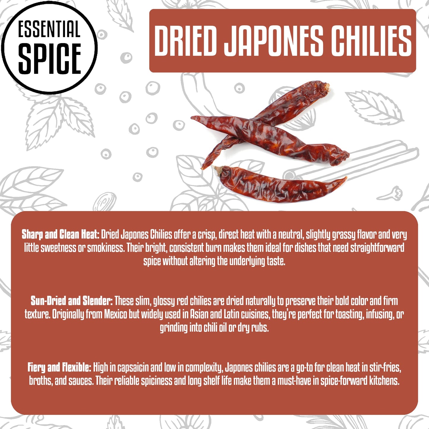 Essential Spice Dried Japones Chilies - Clean, Sharp Heat with Mild Flavor - Whole Dried Red Chilies for Stir-Fries, Salsas, Infused Oils & Spicy
