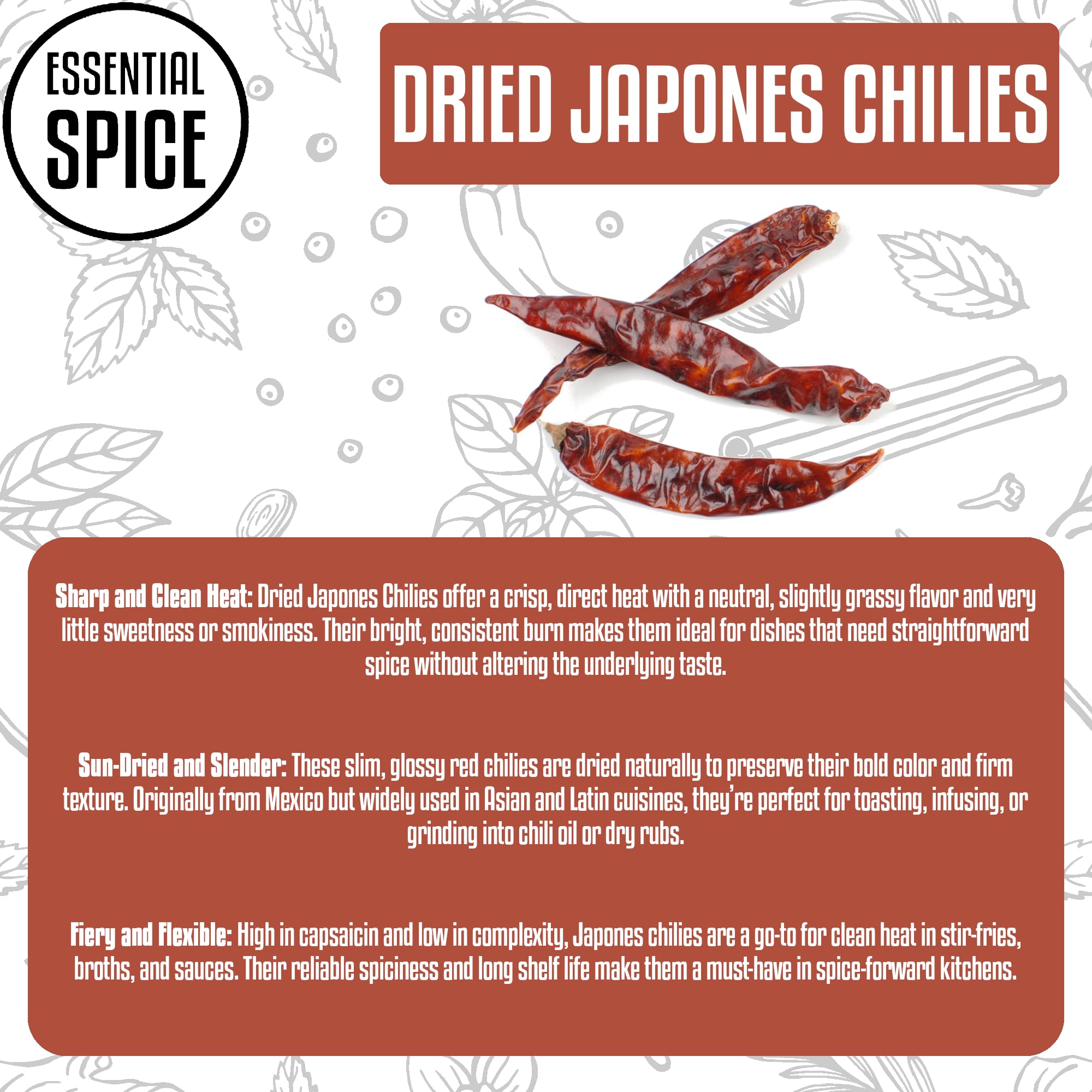 Essential Spice Dried Japones Chilies - Clean, Sharp Heat with Mild Flavor - Whole Dried Red Chilies for Stir-Fries, Salsas, Infused Oils & Spicy