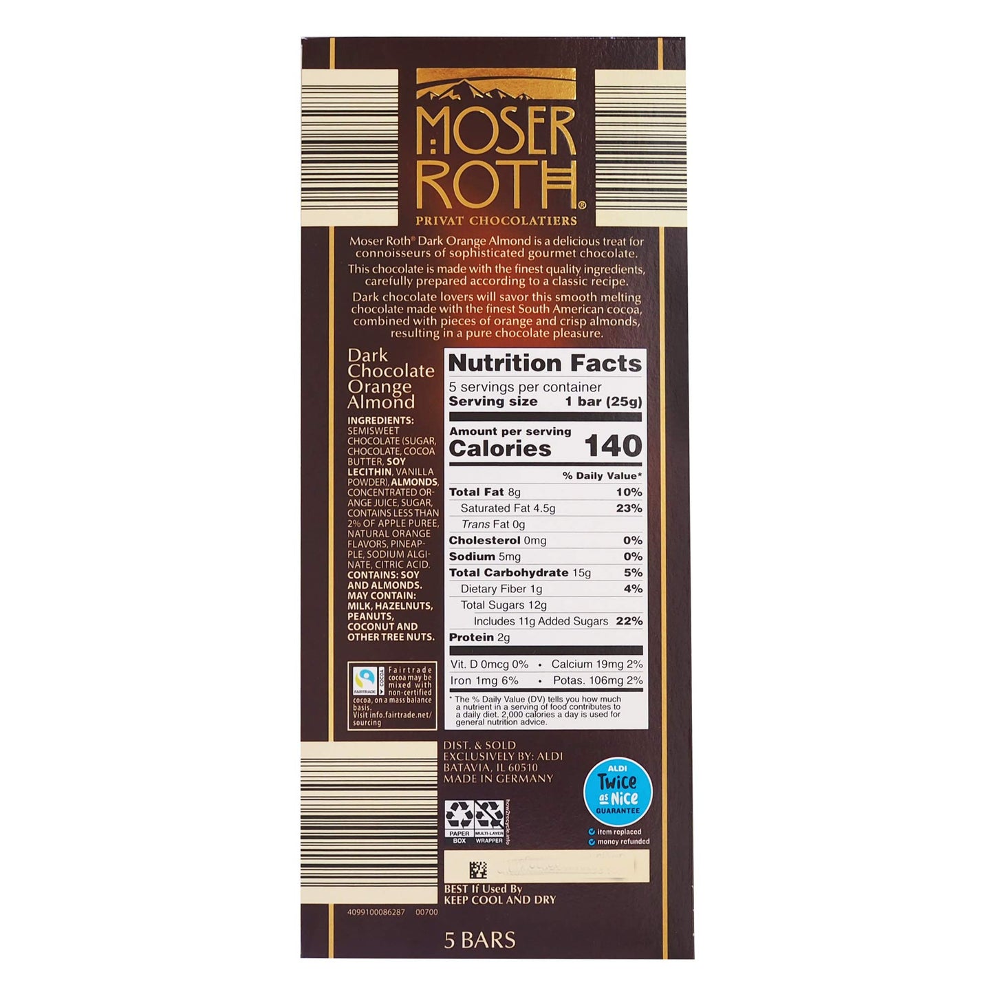 Moser Roth German Dark Chocolate Bars -Orange & Almond (pack of 2) by Moser Roth