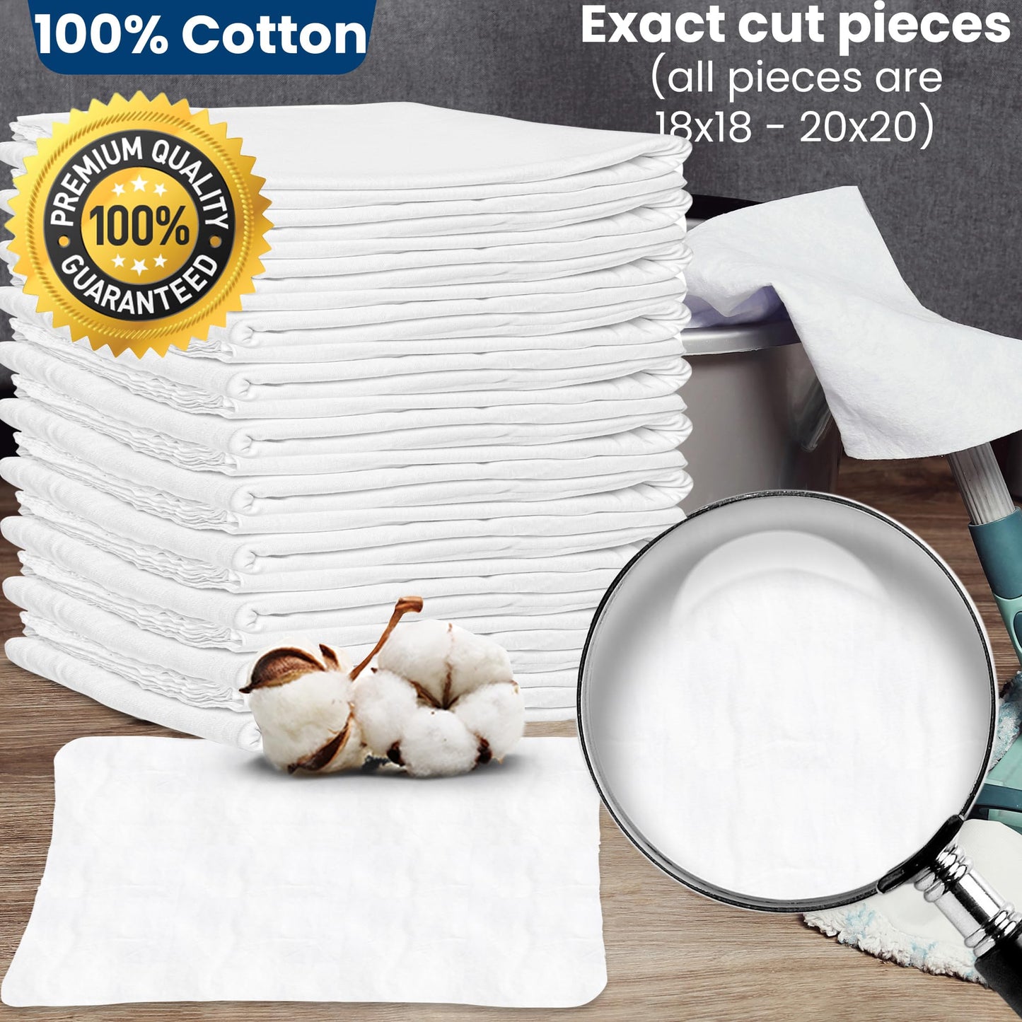 Nabob Wipers New Lint Free Cloth (15 Pack) - 100% Cotton Cleaning Rags Exact Cut - Premium White Rags for Cleaning House - White Rags for Dusting