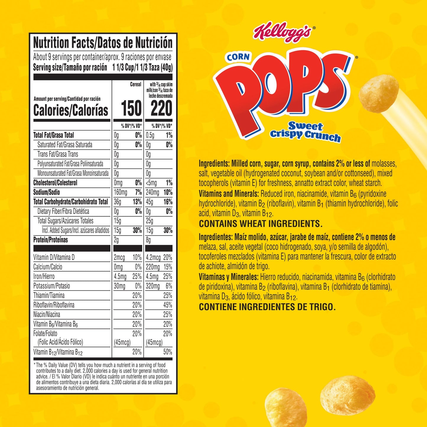 Corn Pops Cold Breakfast Cereal, 8 Vitamins and Minerals, Kids Snacks, Large Size, Original, 13.1oz Box (1 Box)
