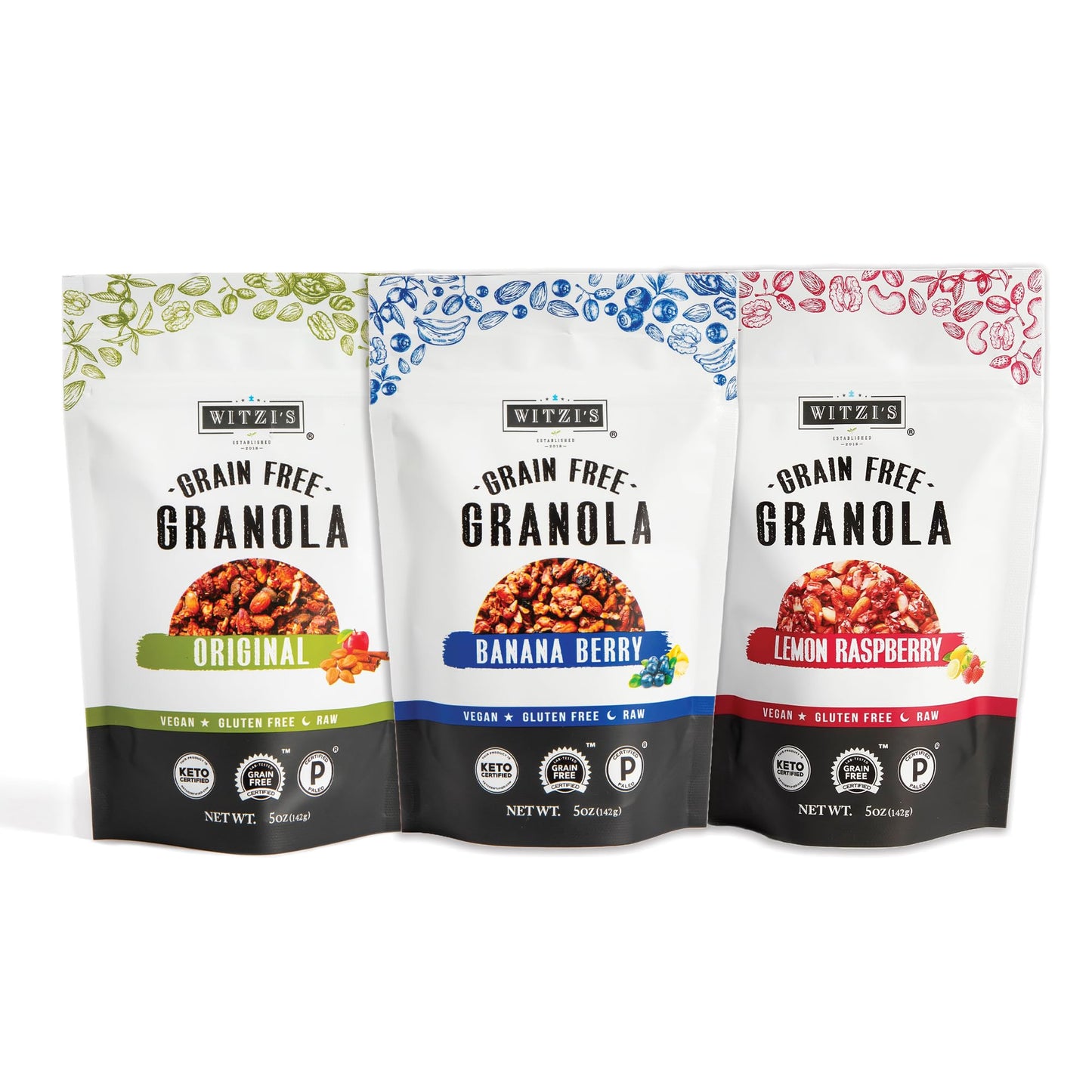 Witzi's Grain Free Granola, Variety Pack, 5oz (Pack of 3), Original, Banana Berry, Lemon Raspberry, Made with Almonds, Walnuts & Pecans, Vegan, Keto