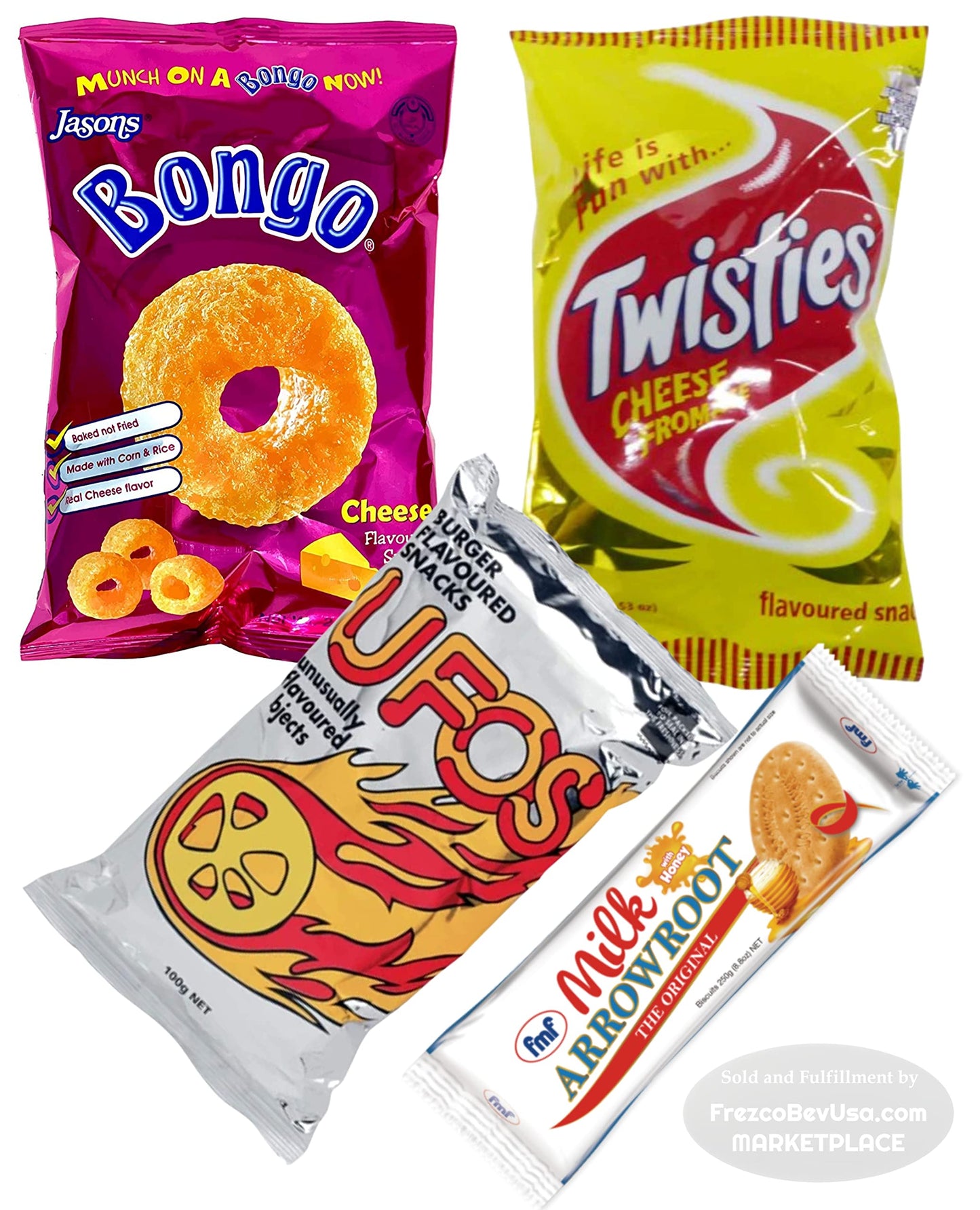 FIJI Snacks Favorites Variety Pack (Pack Of 4) Cheese Bongo, Cheese Twisties, UFO'S, Milk Arrowroot Biscuits FijiSnack.com