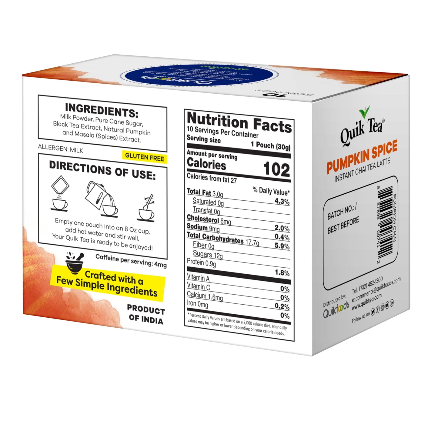 QuikTea Pumpkin Spice Instant Chai Tea Latte - 10 Count, Bold Flavor, Naturally Caffeine-Light, No Preservatives - Just Add Hot Water